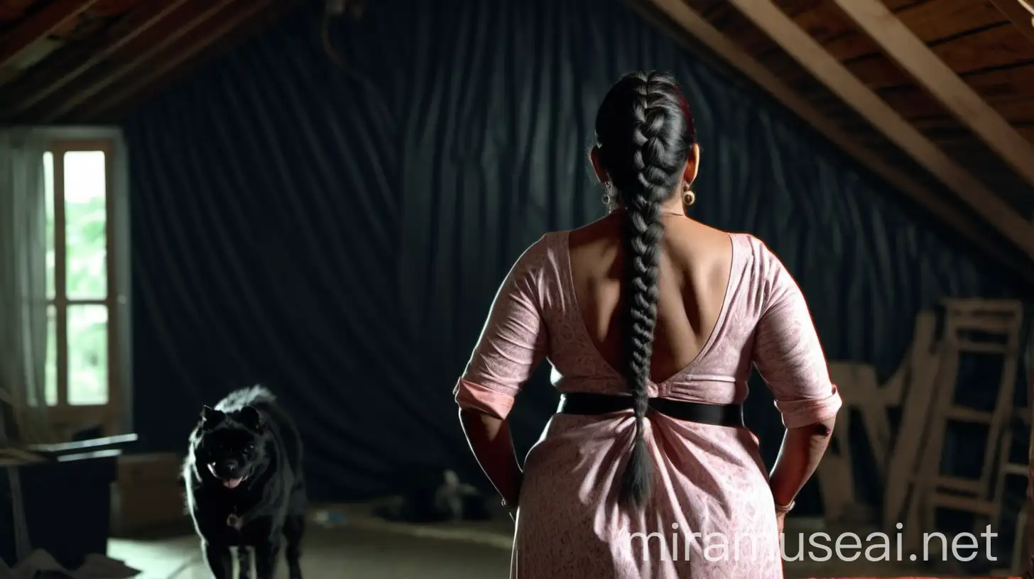 back side of a 47 years old fat mature  indian woman with thick hair  french braid with hair with spectacles with back less body, standing in a attic and black dog is standing near her