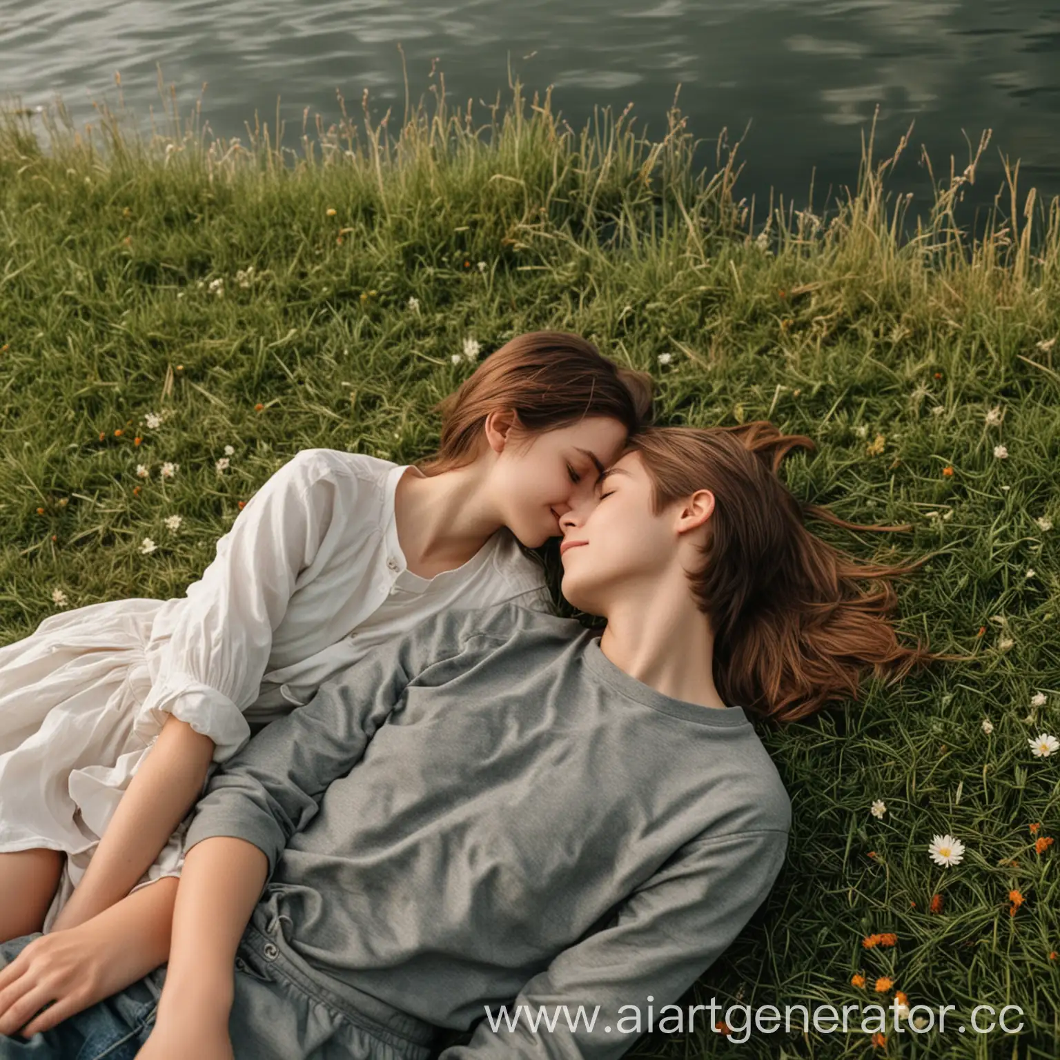 девушка и парень лежат вместе на траве возле озера и влюблено смотрит друг на друга