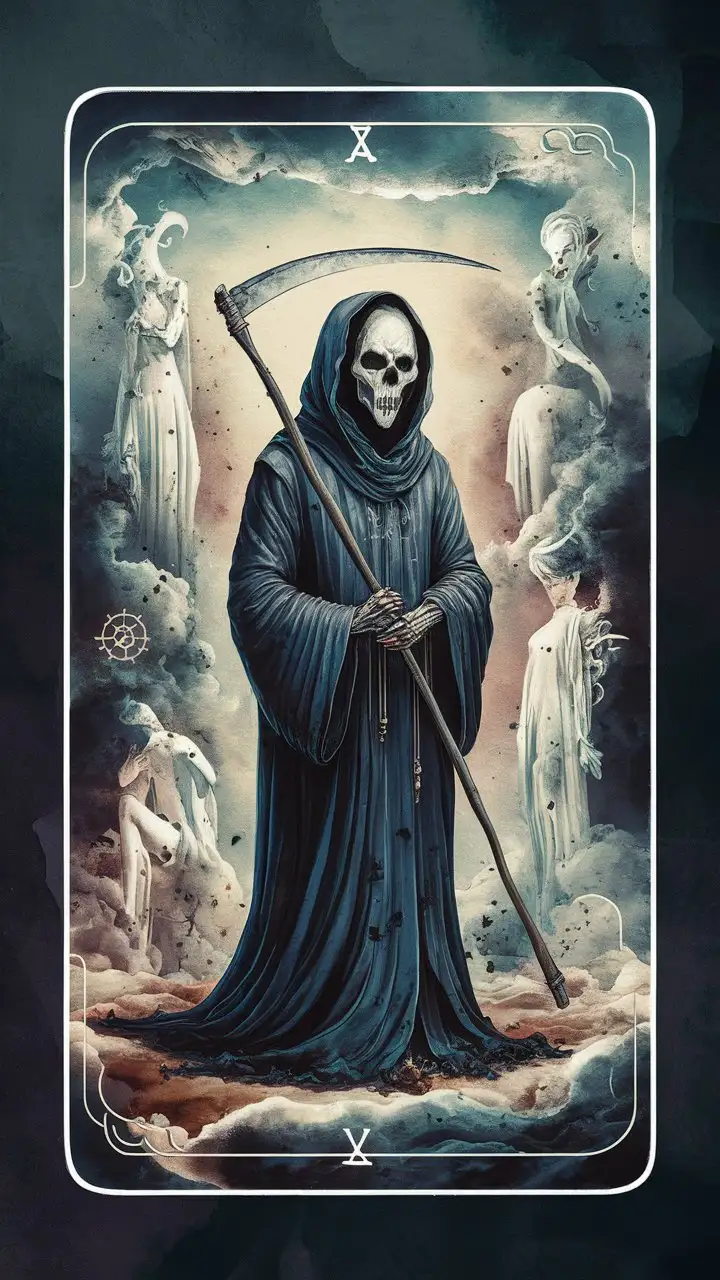 Typography-Death 
The grim reaper

 Background a tarot card with a watercolor vibe