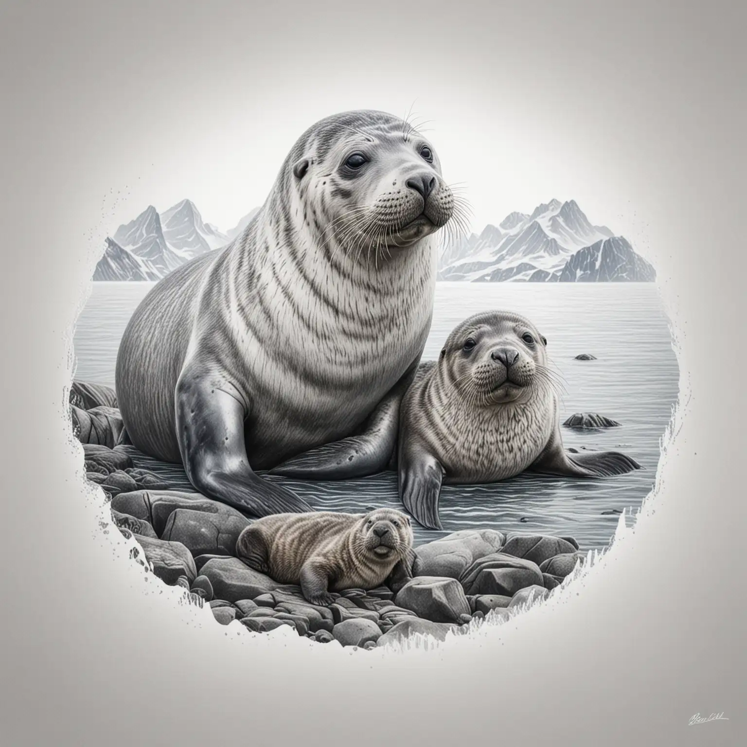 Detailed-Pencil-Drawing-of-Baikal-Seal-with-Cub-in-Natural-Setting