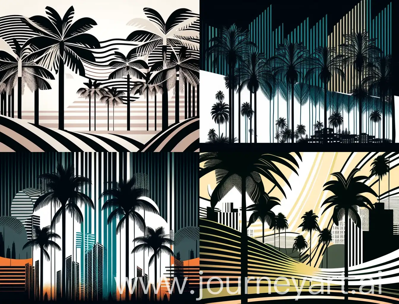 Vector-Illustration-of-Urban-Cityscape-with-Striped-Buildings-and-Coconut-Trees