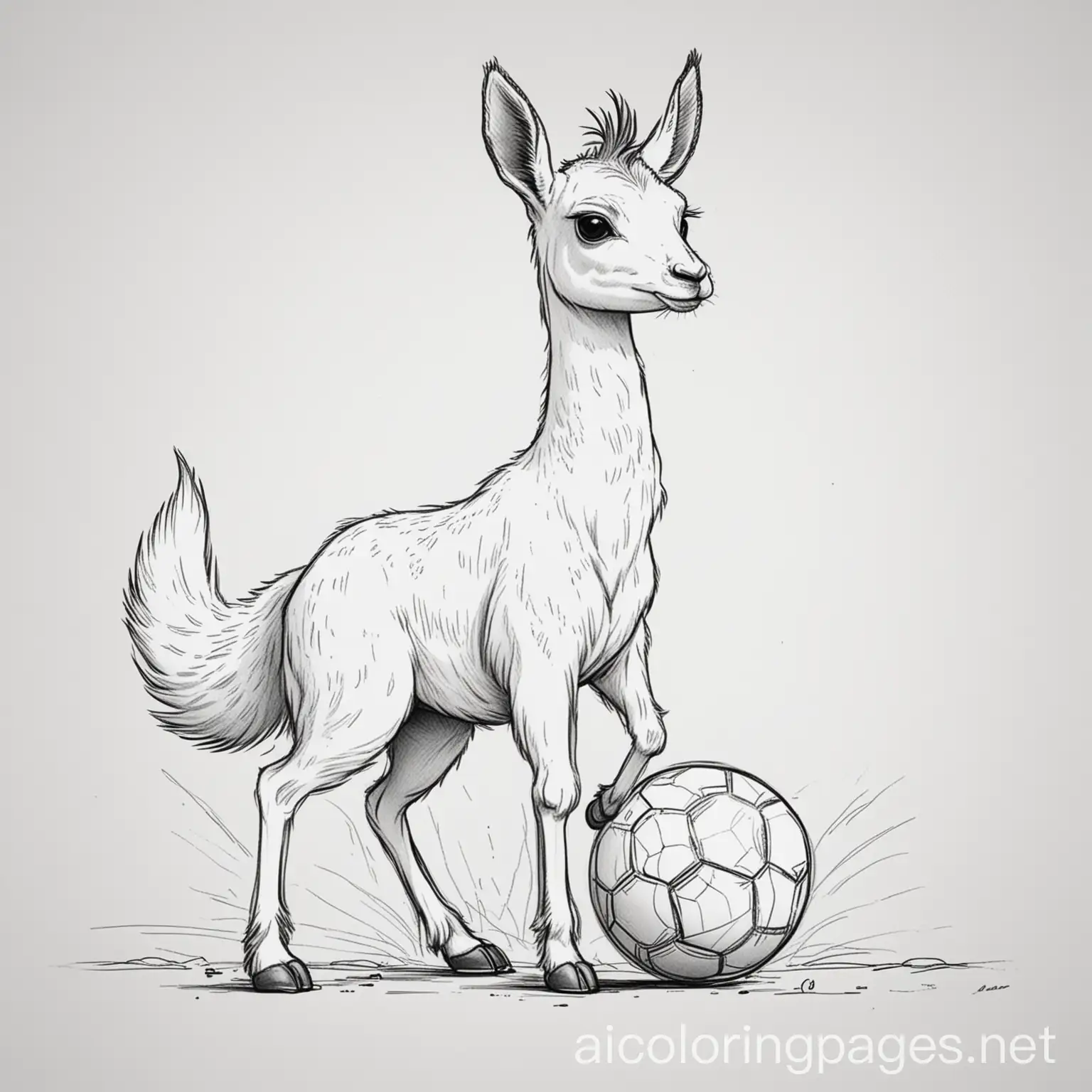vicuña jugando futbol, Coloring Page, black and white, line art, white background, Simplicity, Ample White Space. The background of the coloring page is plain white to make it easy for young children to color within the lines. The outlines of all the subjects are easy to distinguish, making it simple for kids to color without too much difficulty