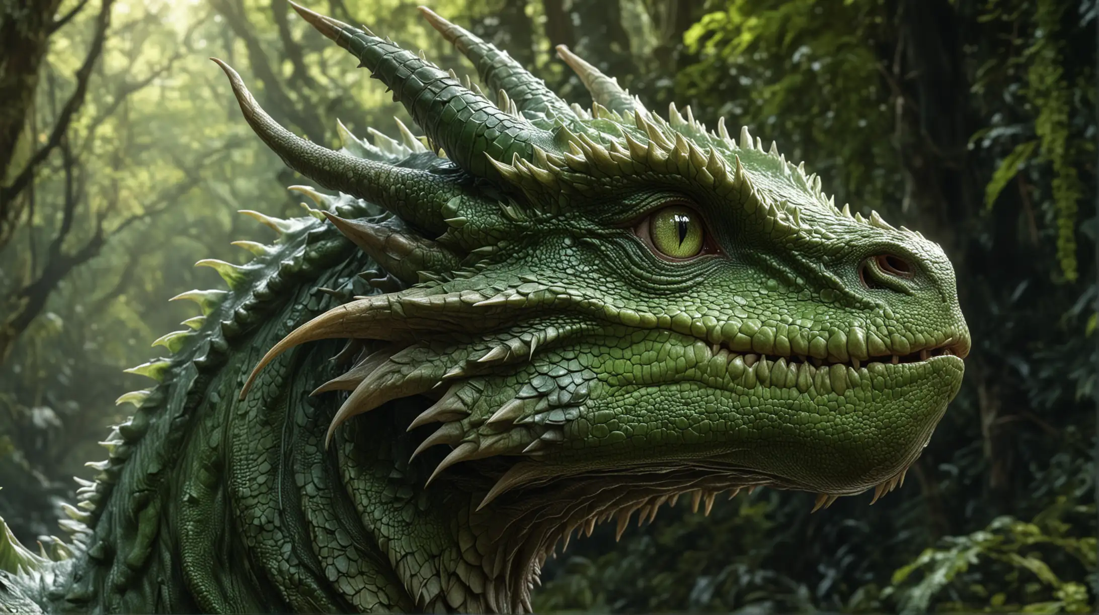 Portrait d'un grand dragon vert, majestueux, massif, captivant, les yeux verts, hyperréaliste de haute qualité, 8K Ultra HD, Le dragon est représenté dans une forêt amazonienne, ses traits baignant dans une lumière douce et diffuse qui accentue les nuances délicates de son expression. L'artiste, s'inspirant de la précision de de Sargent.