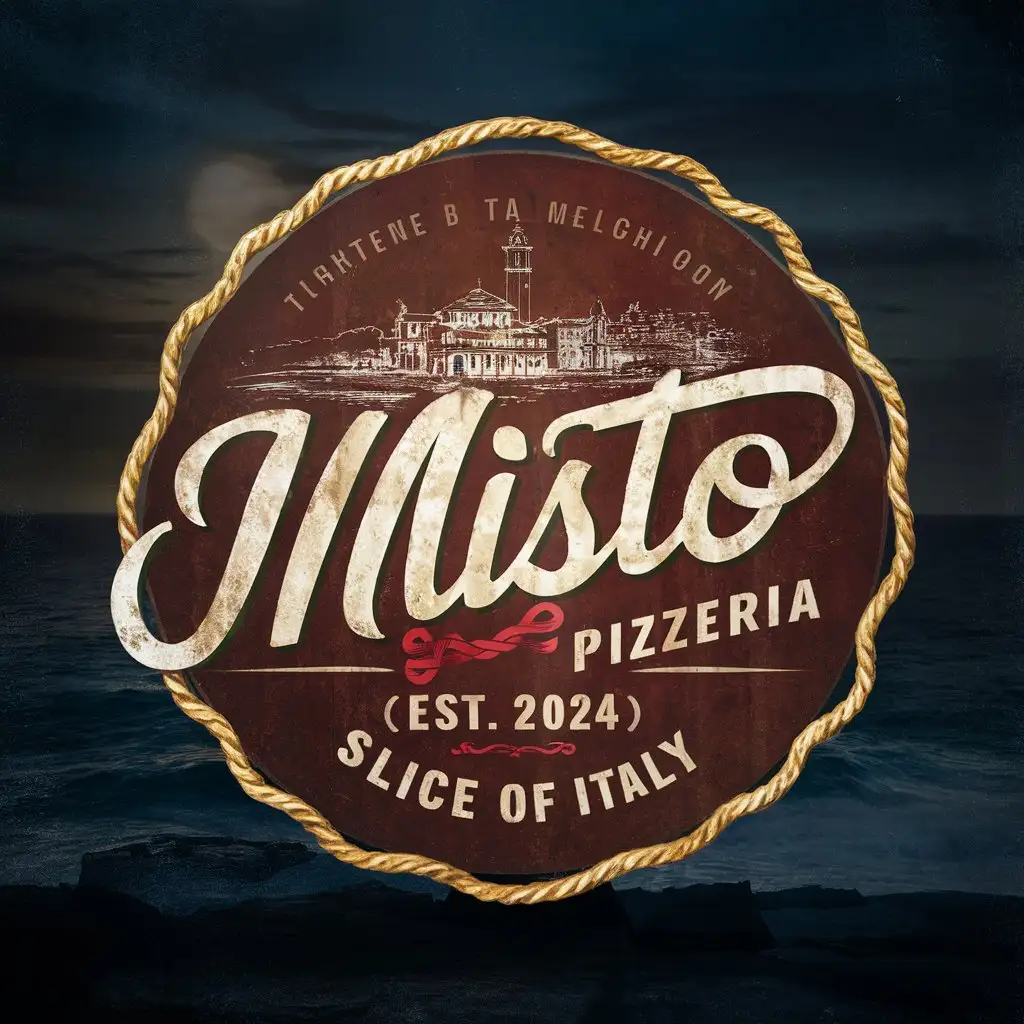 Misto Pizzeria, Logo, Rustic, Edge decoration, Italian colors, Italy flag, Sketched Italian city, EST 2024, Slogan, Slice of Italy, Antique, Luxury, Night, Ocean atmosphere