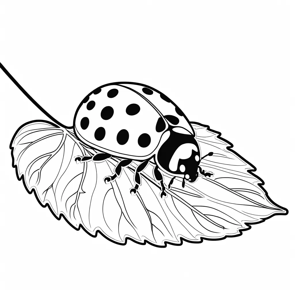 A cheerful ladybug with red wings and black spots, perched on a leaf., Coloring Page, black and white, line art, white background, Simplicity, Ample White Space.