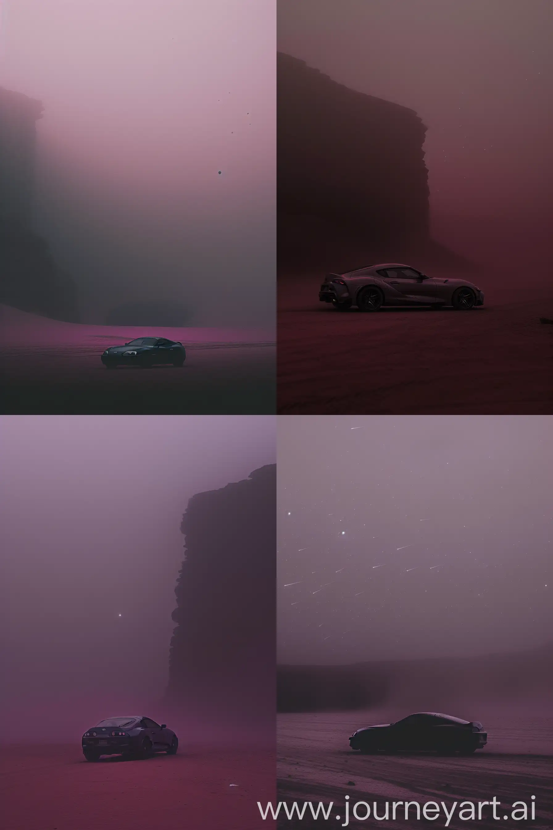 A very long shot of a Supra planted in the desert in a purple-grayish color, Monochrome, And the car is heading to a terrifying cave that is very huge dark and dark, focusing on a cave, side shot, Soft, like a dream, delusion, foggy, a sense of calm and terror, unsaturated, Unreal, meteors fall very very far away --ar 2:3 --stop 90 --s 250 --v 6 --sref 3924083291::1 34331054::2 2203353612::1 --p 31dy1jl --sw 10 --no Living organisms, Characters, humans, Statues, dolls, birds, animals, insects
