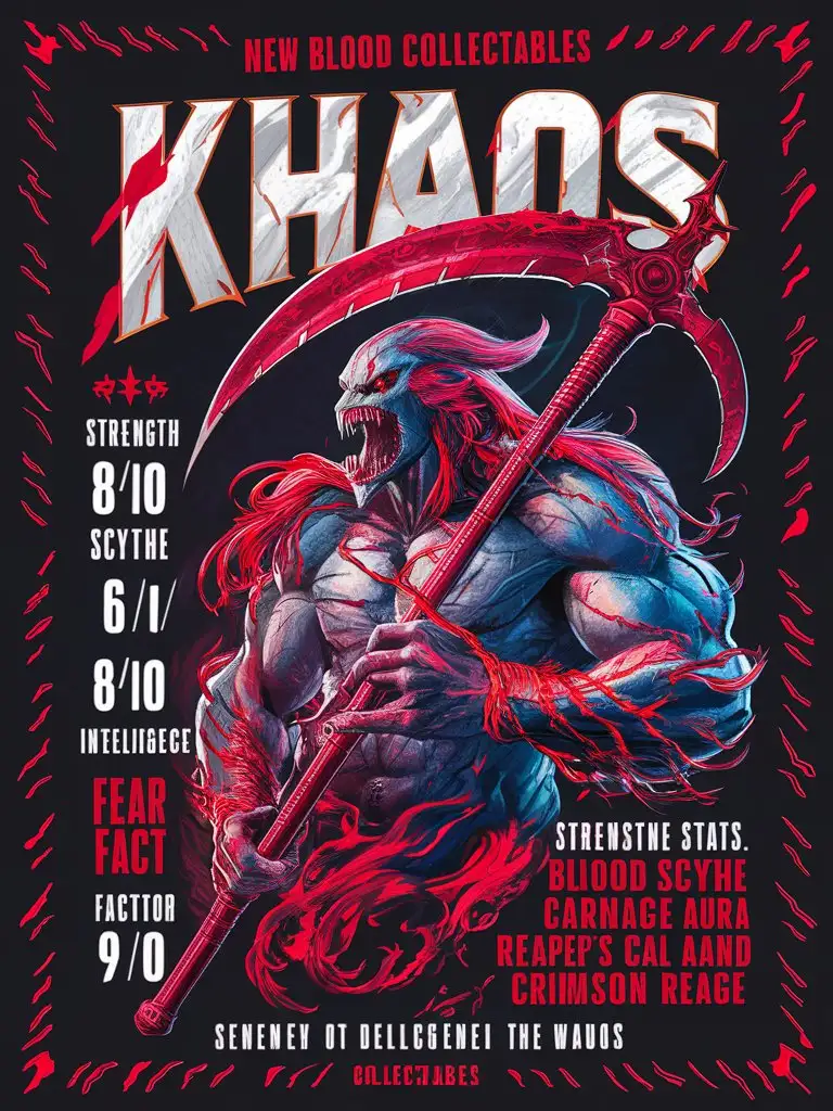  # Input:
Design a 8k business card with a bold title: 'New Blood Collectables' featuring "Khaos, the Crimson Reaper" the "Carnifex", accompanied by a detailed 8k illustration. Khaos has the following stats:
- Strength: 8/10
- Speed: 6/1