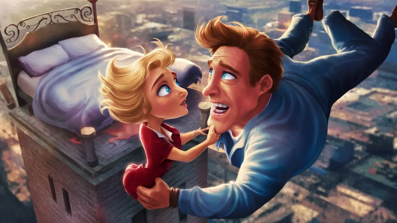 Short blonde woman with big blue eyes and a tall handsome man with wavy brown hair and blue eyes, falling from a tower, with a bed resting on top of the tower