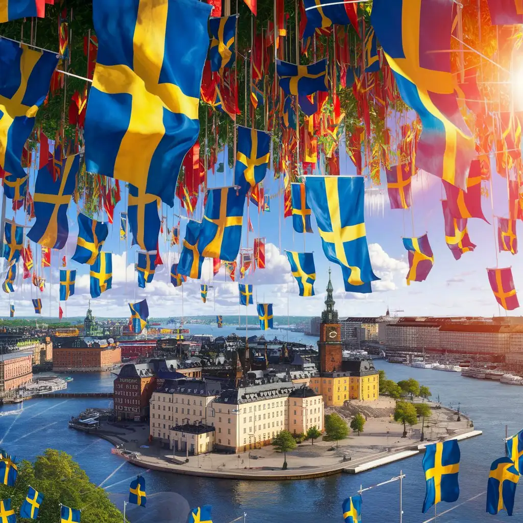 Swedish Flags Falling from the Sky over Stockholm Cheerful Digital Art