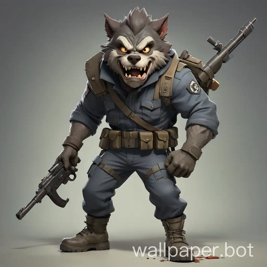 A evil Werewolfs in cartoon style, dynamic pose, full body, CSGO soldier grimy clothes with boots and helmet, with a shotgun, with clear background