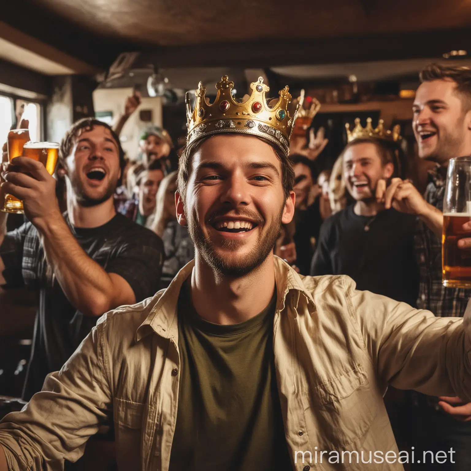a guy with a crown on his head, proud and holding a beer, is cheered by the other people present in a pub