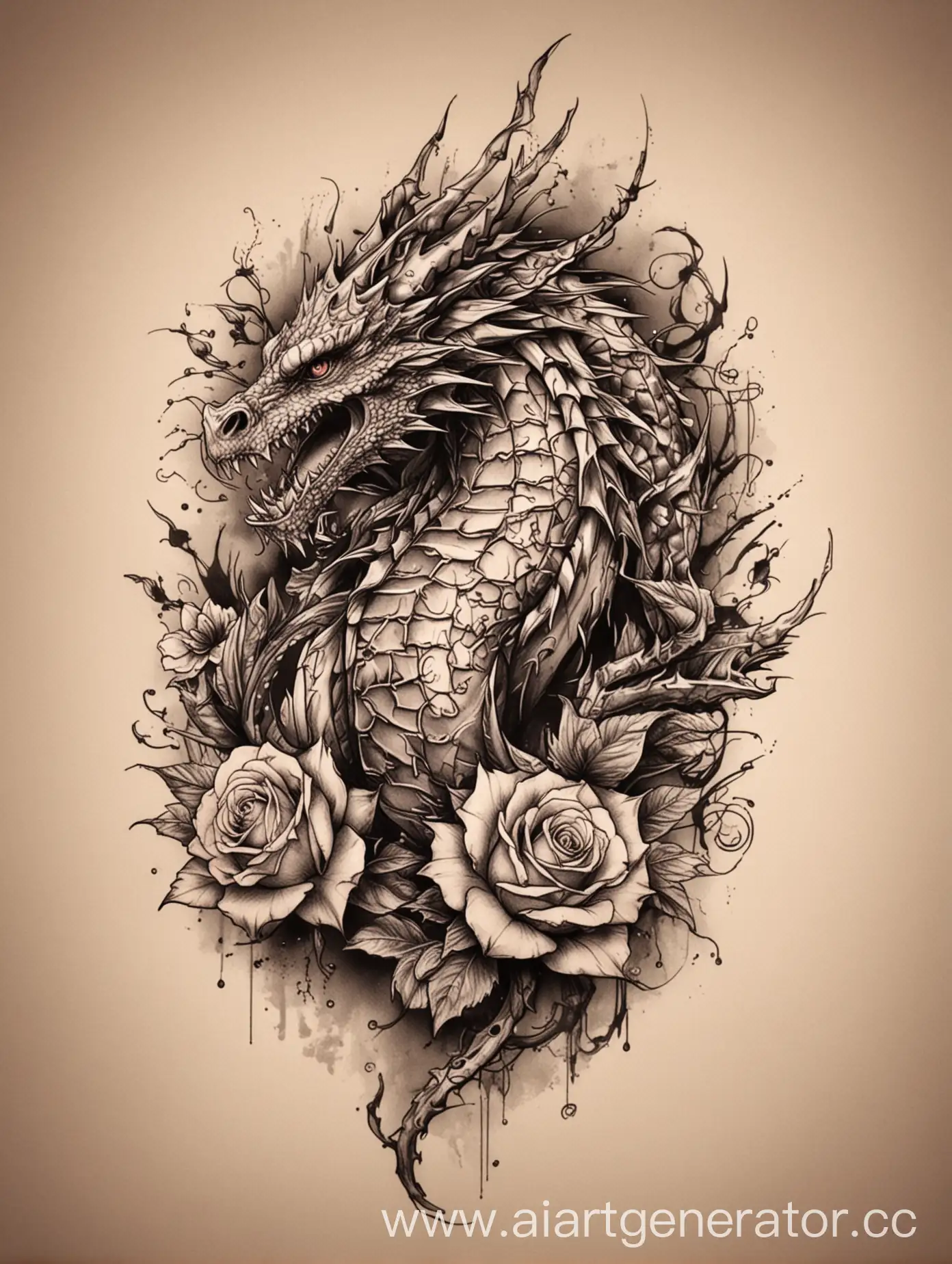 эскиз татуировки на бедре с драконом, колючими розами с стиле весны