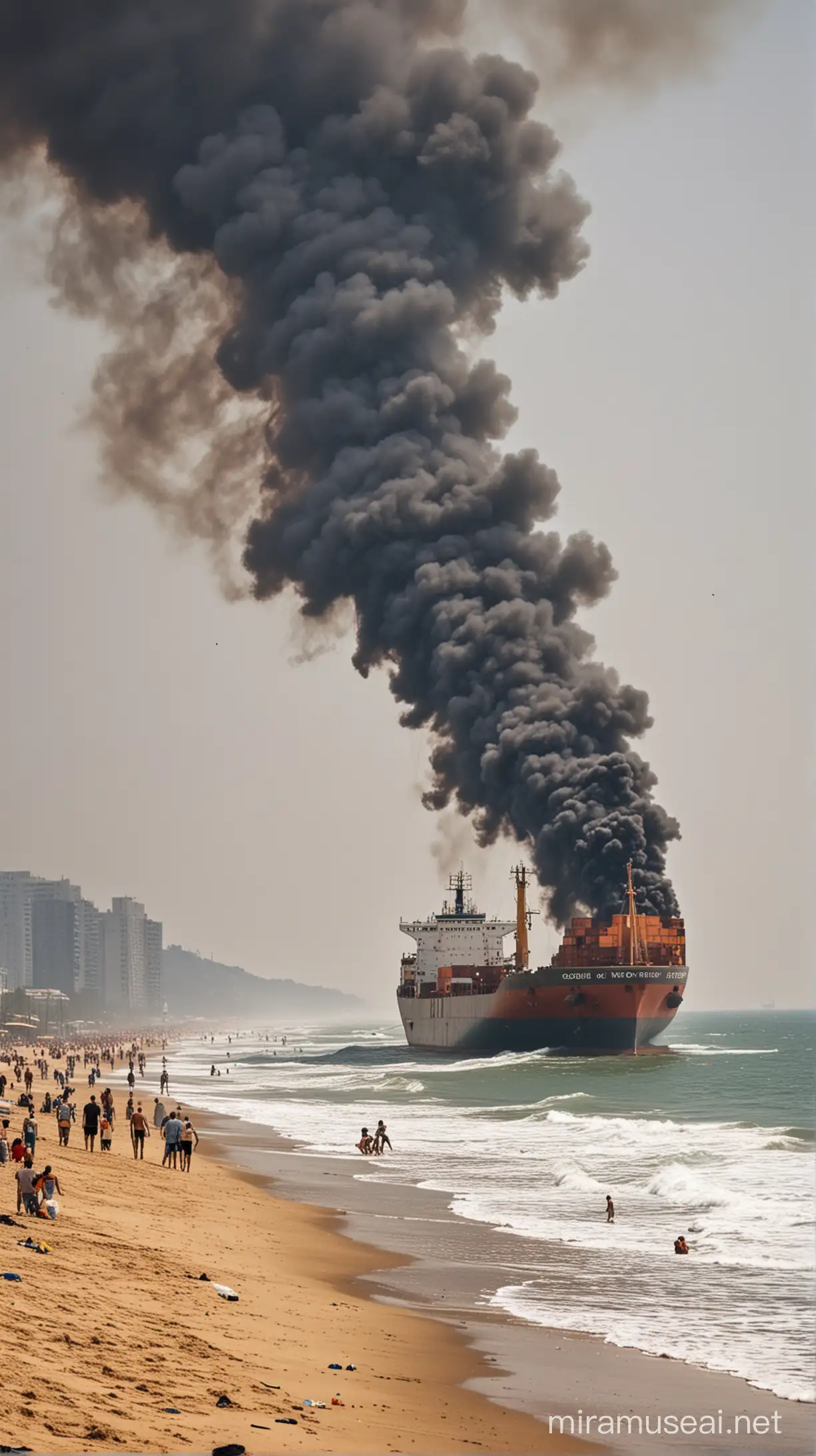 cargo ship,smoke ,strand at the beach,seen was many people