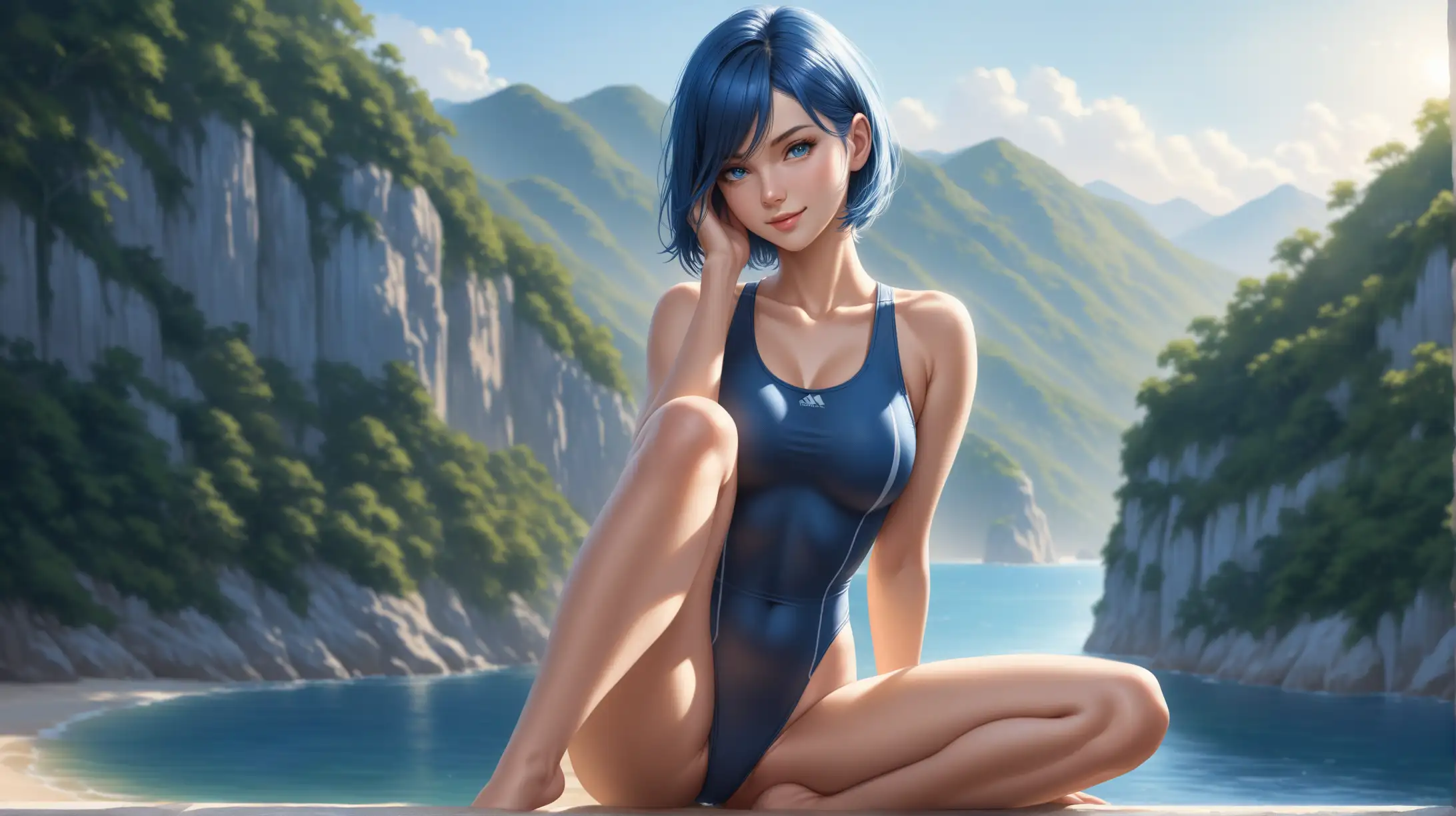 Draw a woman, short blue hair covering one eye, blue eyes, slender figure, high quality, realistic, accurate, detailed, long shot, natural lighting, outdoors, tank swimsuit, seductive pose, smiling at the viewer