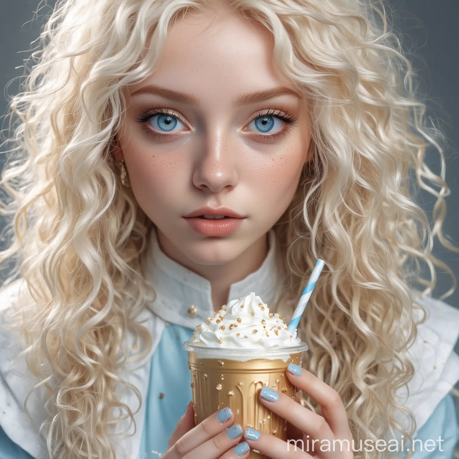 good quality picture, detailed eyes, albino girl, freckles, with golden spots on the body, wearning DUNE style clothes, hyper realistic, beautiful curly long hair, inside a white starship, elf ears, soft blue eyes, holding a light blue milkshake glass, nails painted light blue, several rings on fingers