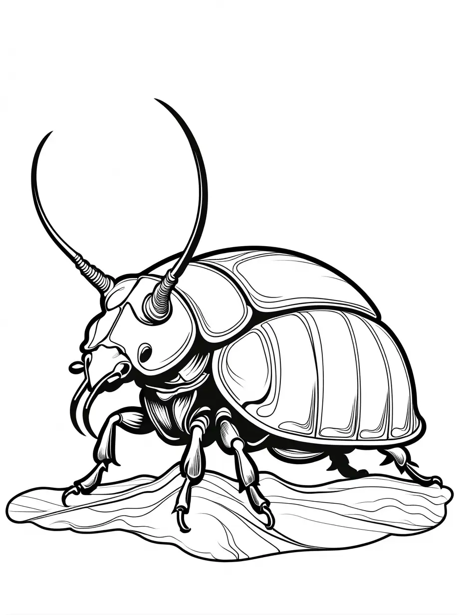 A rhinoceros beetle with a prominent horn, pushing against another beetle.
, Coloring Page, black and white, line art, white background, Simplicity, Ample White Space. The background of the coloring page is plain white to make it easy for young children to color within the lines. The outlines of all the subjects are easy to distinguish, making it simple for kids to color without too much difficulty