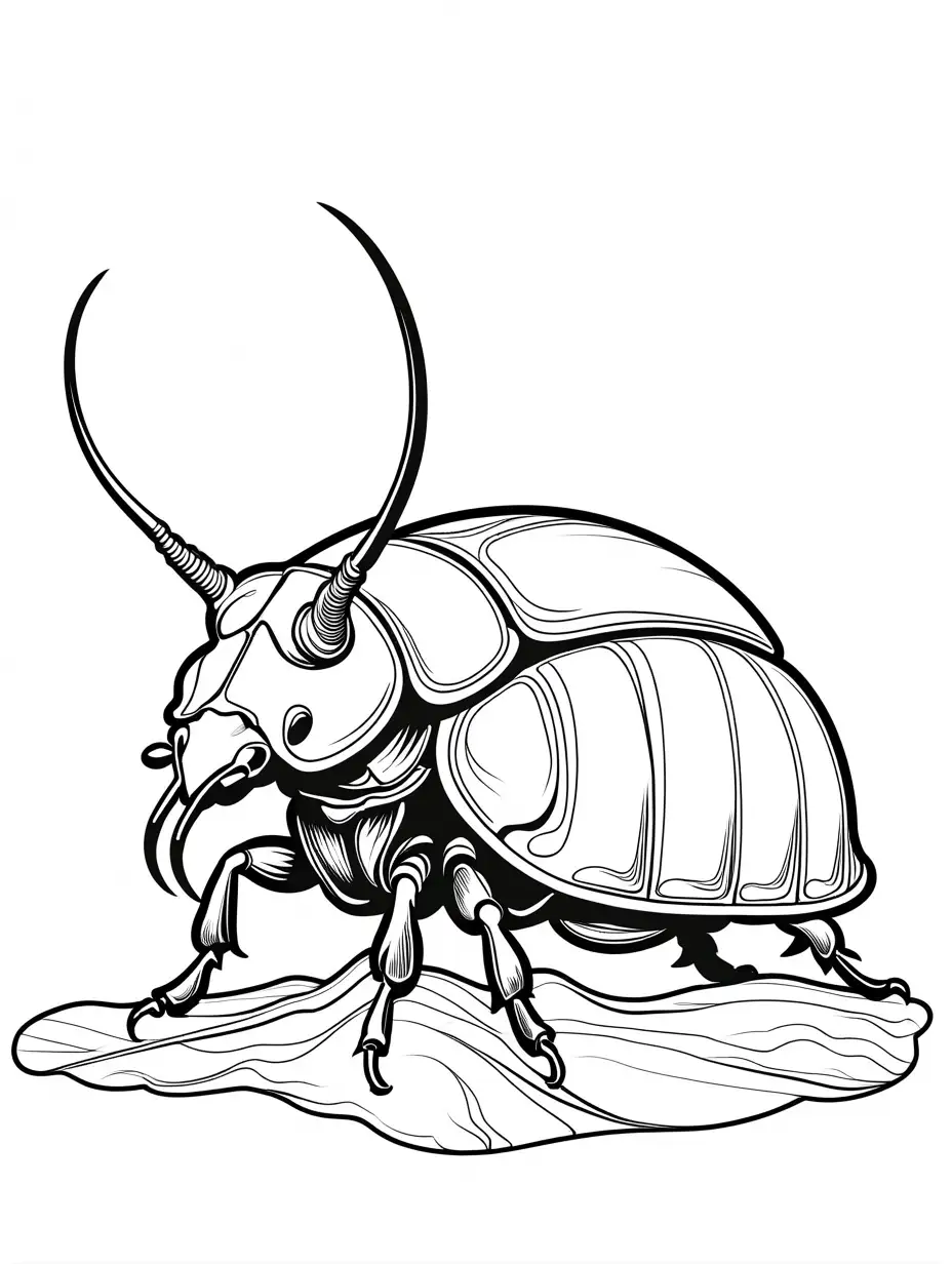 A rhinoceros beetle with a prominent horn, pushing against another beetle. , Coloring Page, black and white, line art, white background, Simplicity, Ample White Space. The background of the coloring page is plain white to make it easy for young children to color within the lines. The outlines of all the subjects are easy to distinguish, making it simple for kids to color without too much difficulty