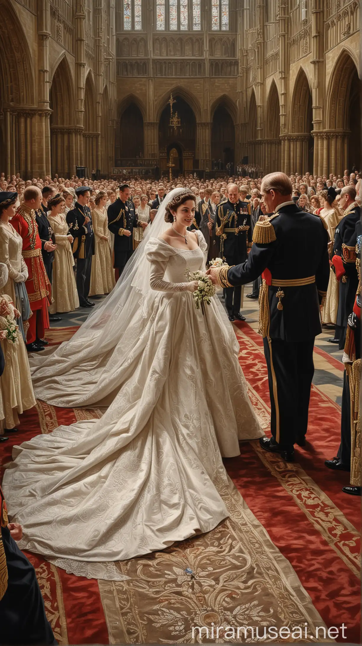  A painting of Queen Elizabeth II and Prince Philip's wedding day, with the couple exchanging vows in a grand ceremony at Westminster Abbey. hyper realistic