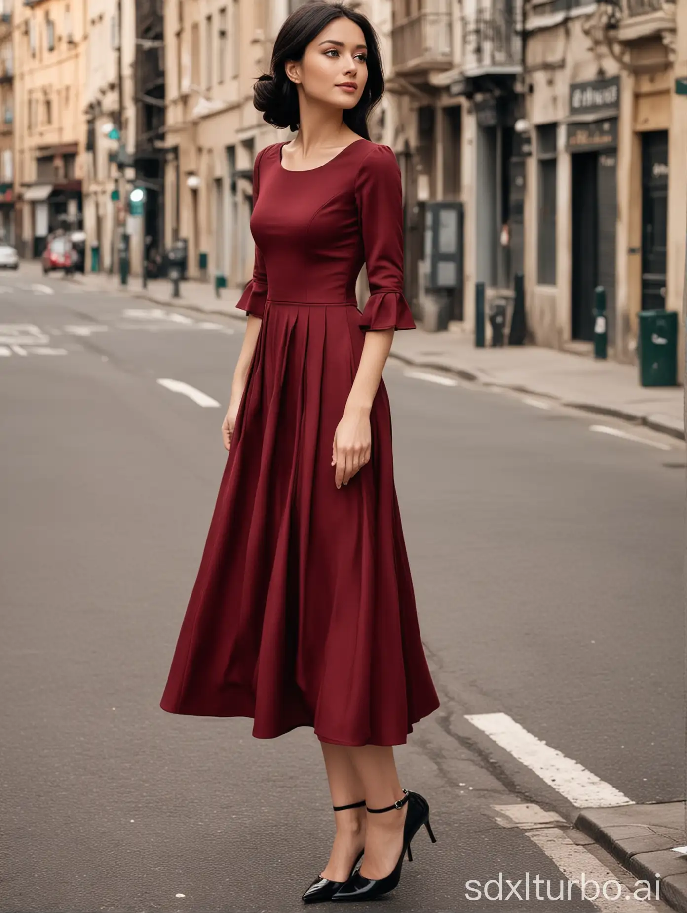 Elegant-Young-Woman-in-Maroon-Dress-on-City-Street