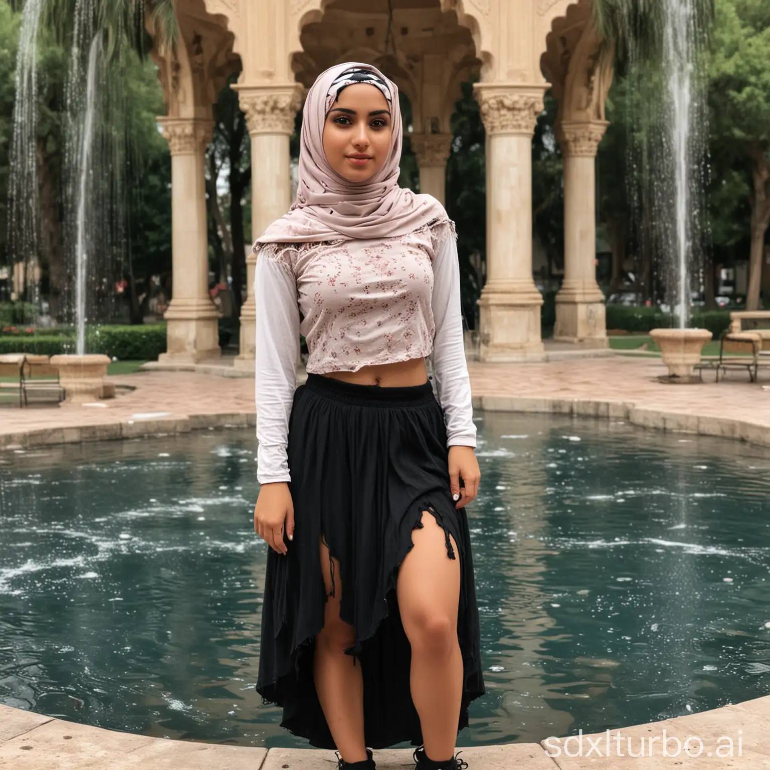 hijabi girl wearing ripped crop top and black skirt in front of fountain