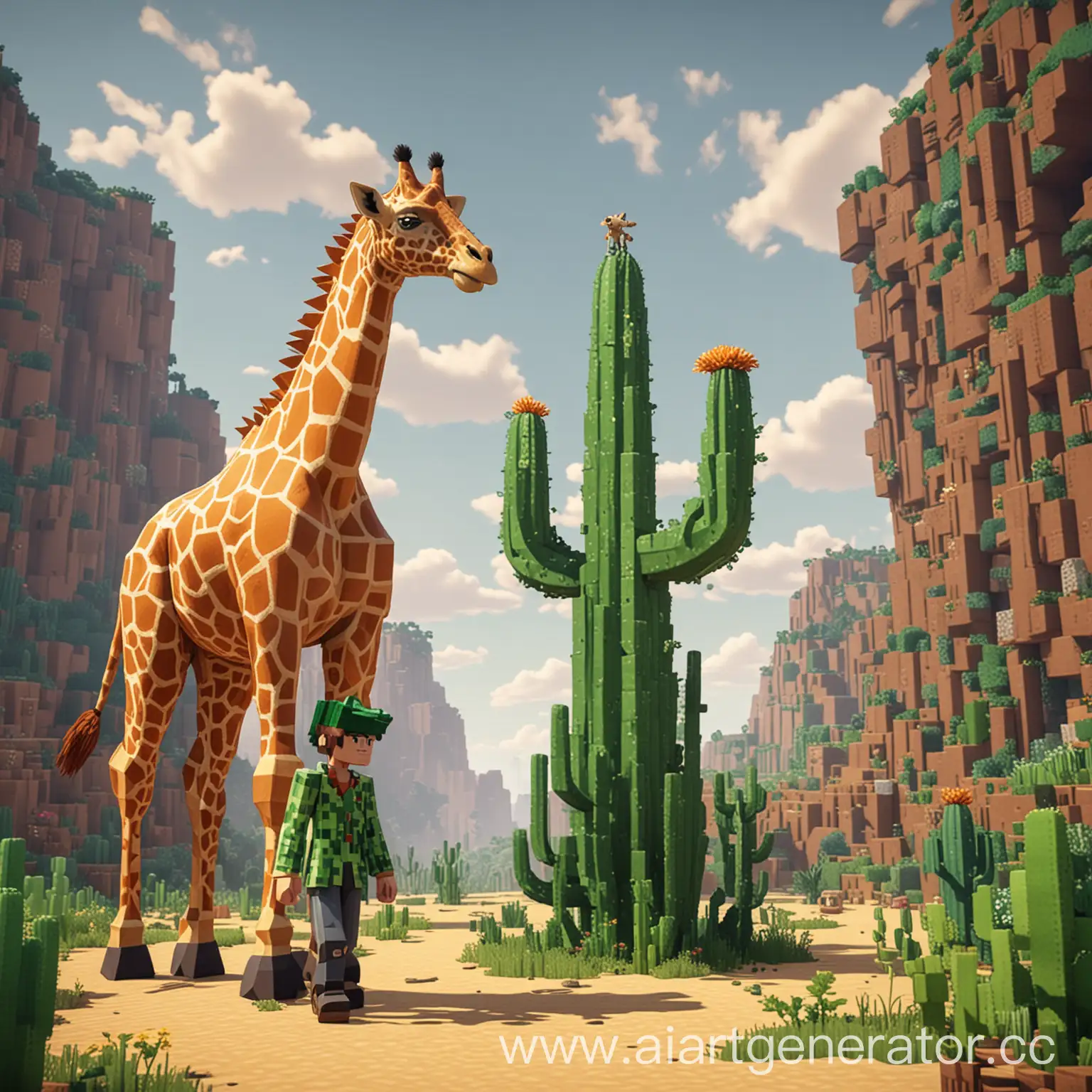 Человек кактус и человек жираф в майнкрафте стоят в обнимку, стиль аниме, 8k.