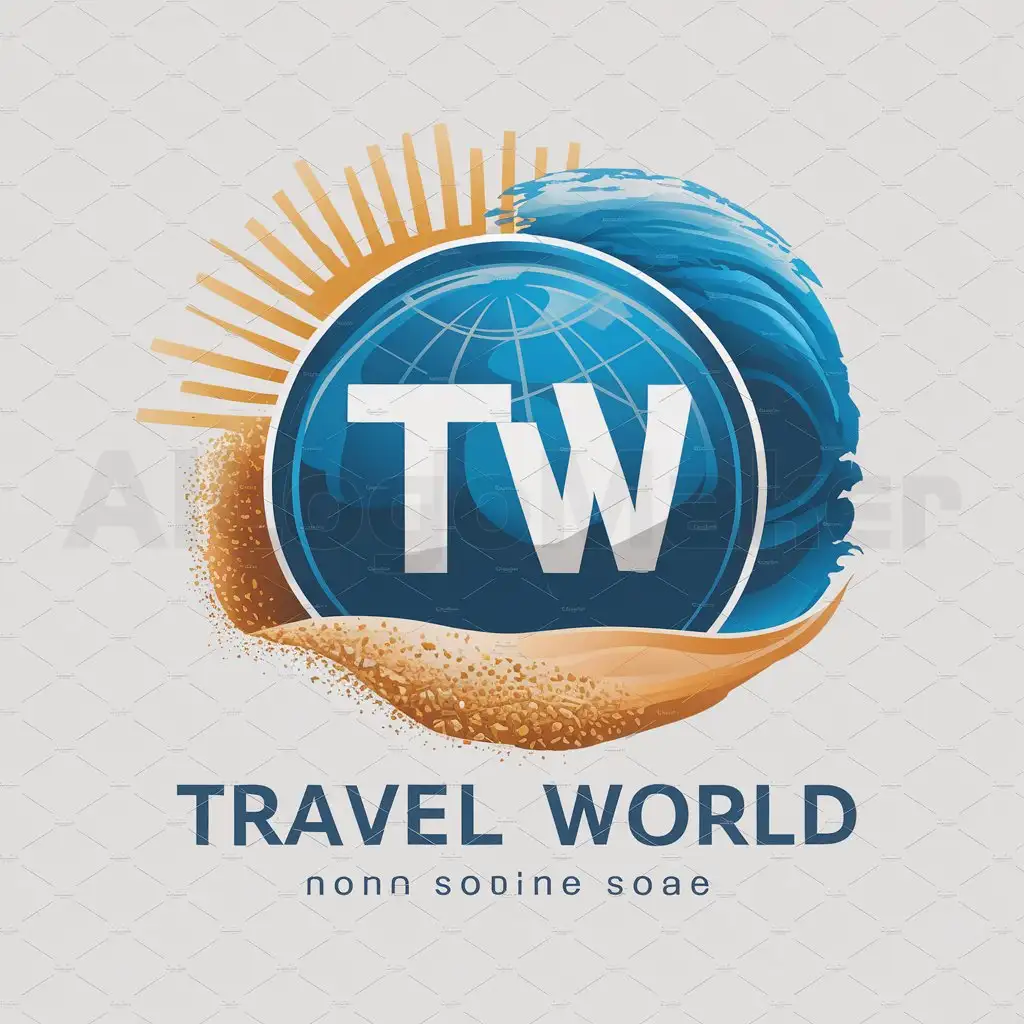 a logo design,with the text "Travel World", main symbol:TRAVEL WORLD Globe TW Sun Sea Sand,Moderate,be used in  Travel industry,clear background