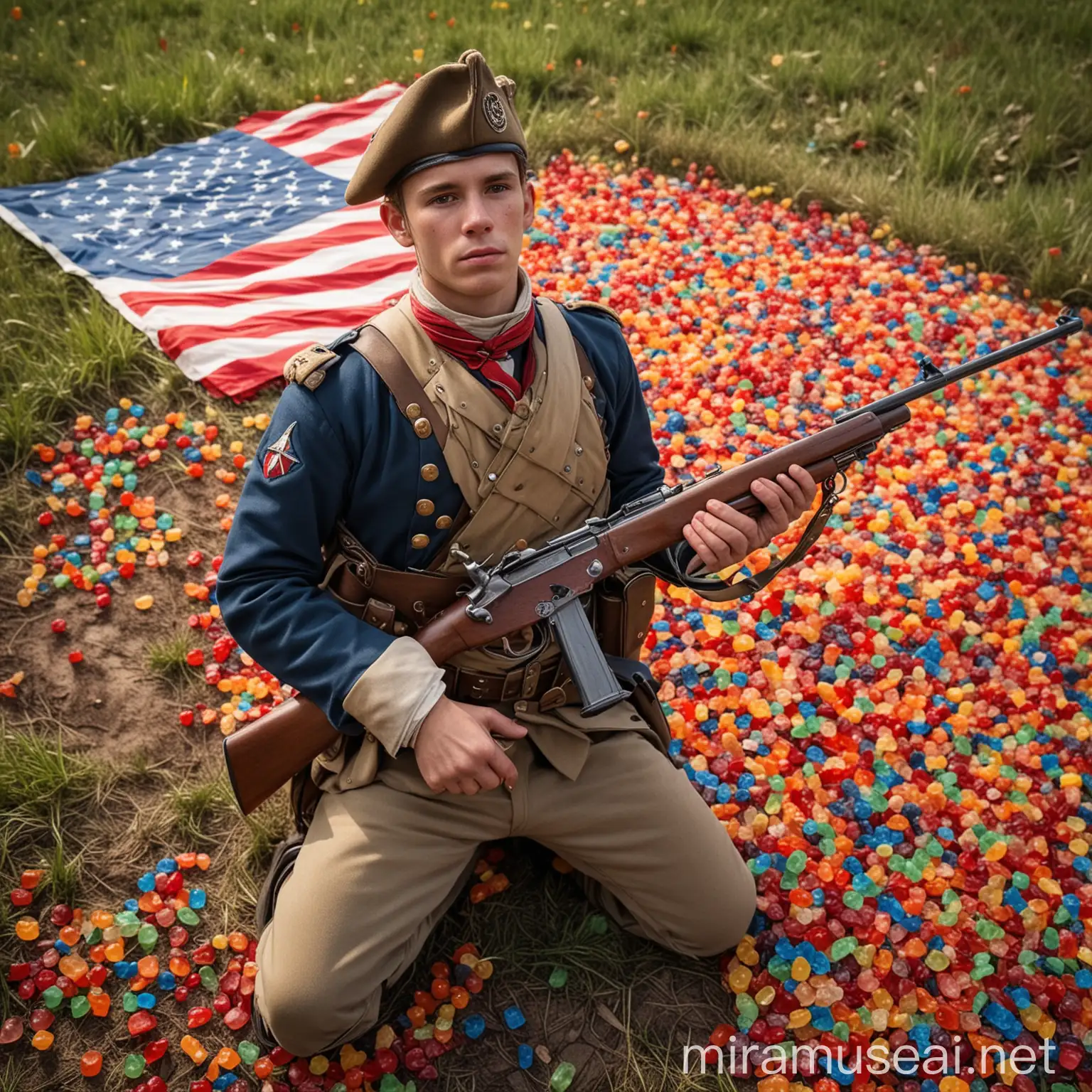American Revolution War Soldier with Rifle Surrounded by Gummy Bears