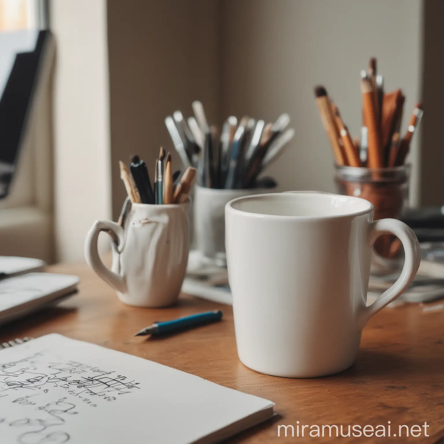 Artists Desk with White Mug Creative Workspace Inspiration