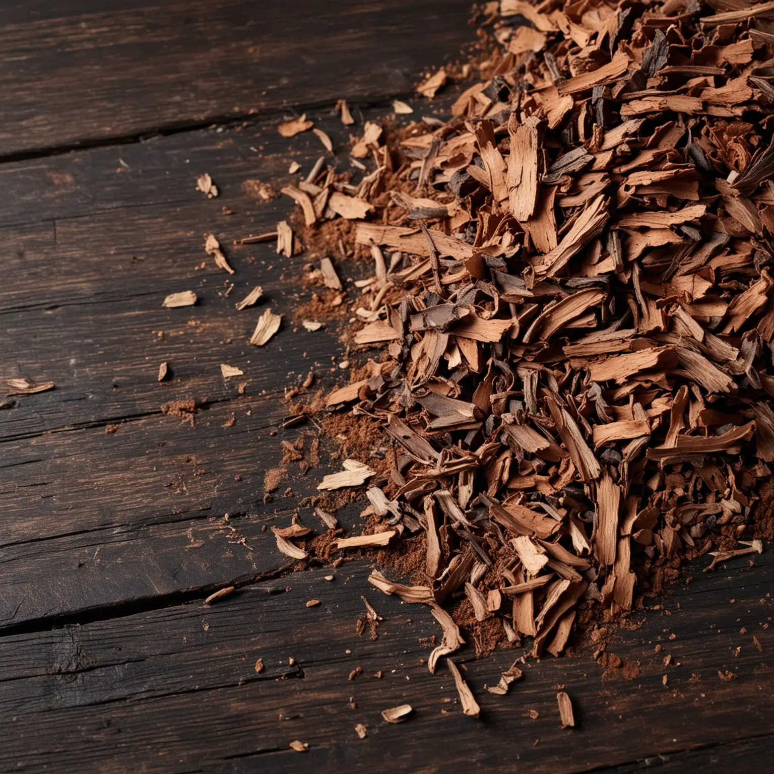 pine bark extract in bark and powder form on dark wooden table with selective focus