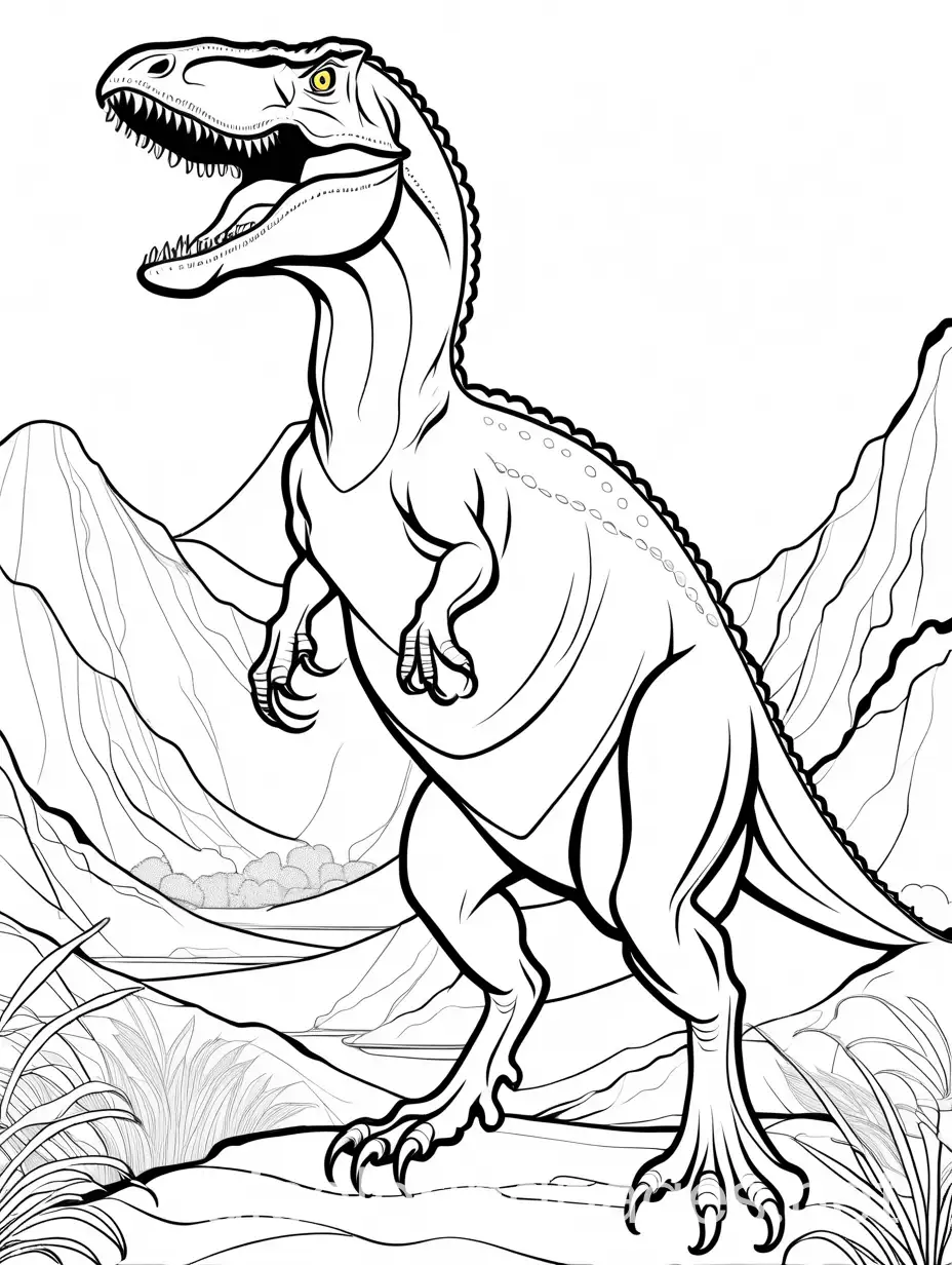 an allosaurus, Coloring Page, black and white, line art, white background, Simplicity, Ample White Space. The background of the coloring page is plain white to make it easy for young children to color within the lines. The outlines of all the subjects are easy to distinguish, making it simple for kids to color without too much difficulty