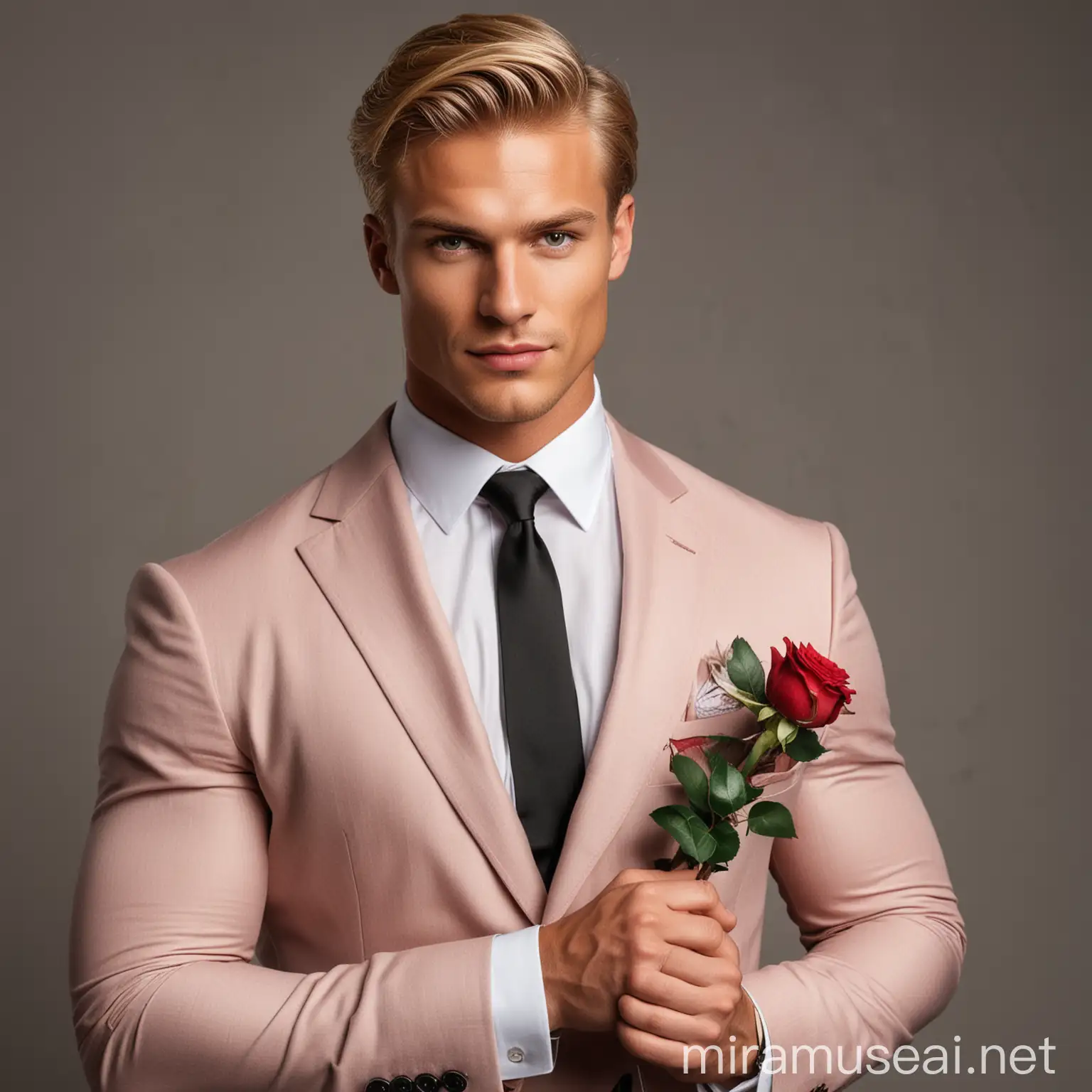 Hombre rubio, guapo y musculoso con traje, sosteniendo una rosa 