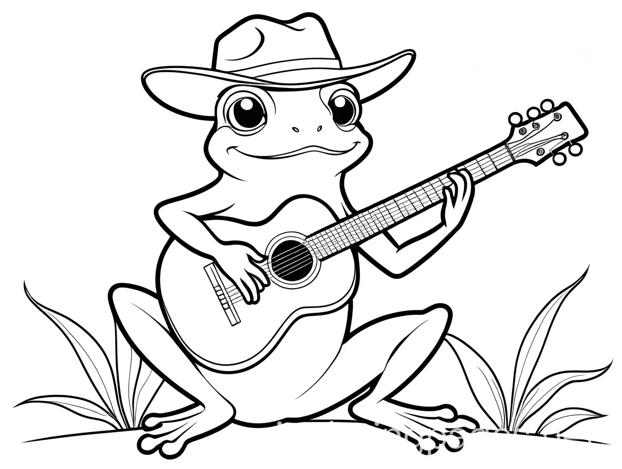A frog playing a guitar wearing a cowboy hat, Coloring Page, black and white, line art, white background, Simplicity, Ample White Space. The background of the coloring page is plain white to make it easy for young children to color within the lines. The outlines of all the subjects are easy to distinguish, making it simple for kids to color without too much difficulty, Coloring Page, black and white, line art, white background, Simplicity, Ample White Space. The background of the coloring page is plain white to make it easy for young children to color within the lines. The outlines of all the subjects are easy to distinguish, making it simple for kids to color without too much difficulty, Coloring Page, black and white, line art, white background, Simplicity, Ample White Space. The background of the coloring page is plain white to make it easy for young children to color within the lines. The outlines of all the subjects are easy to distinguish, making it simple for kids to color without too much difficulty