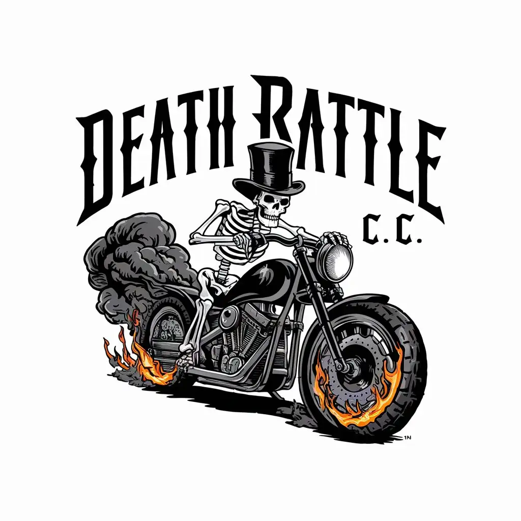 a logo design,with the text "death rattle C.C.", main symbol:skeleton motorcycle burnout smoke white backround tophat,Moderate,clear background