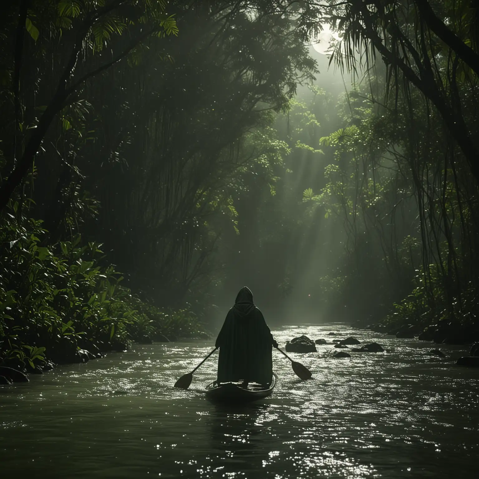 a man paddles down a river in the jungle away from the camera, he wears a a dark green poncho with a hood, the moonlight shines on the dark jungle