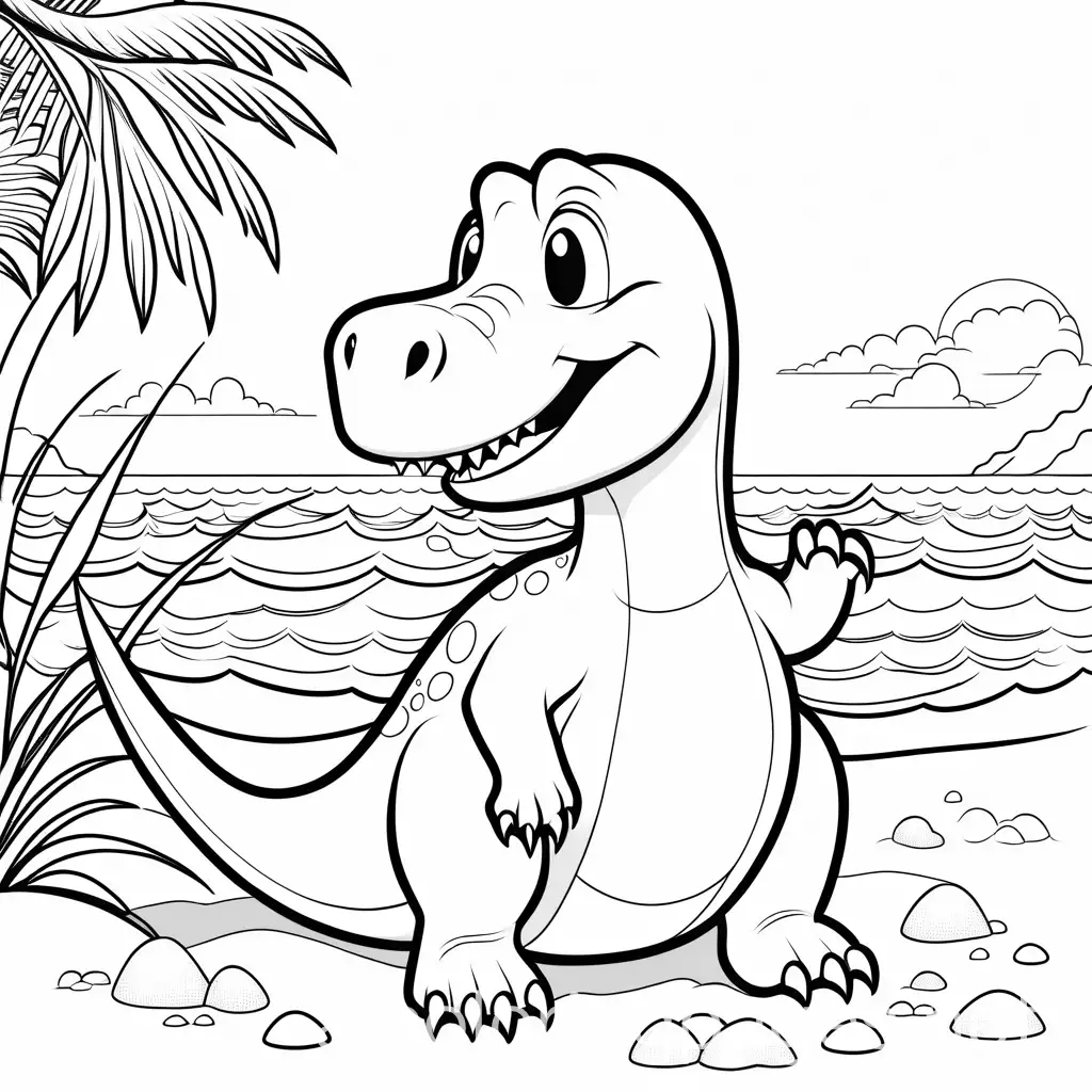 cute Fukuititan dinosaur having fun at the beach, Coloring Page, black and white, line art, white background, Simplicity, Ample White Space. The background of the coloring page is plain white to make it easy for young children to color within the lines. The outlines of all the subjects are easy to distinguish, making it simple for kids to color without too much difficulty