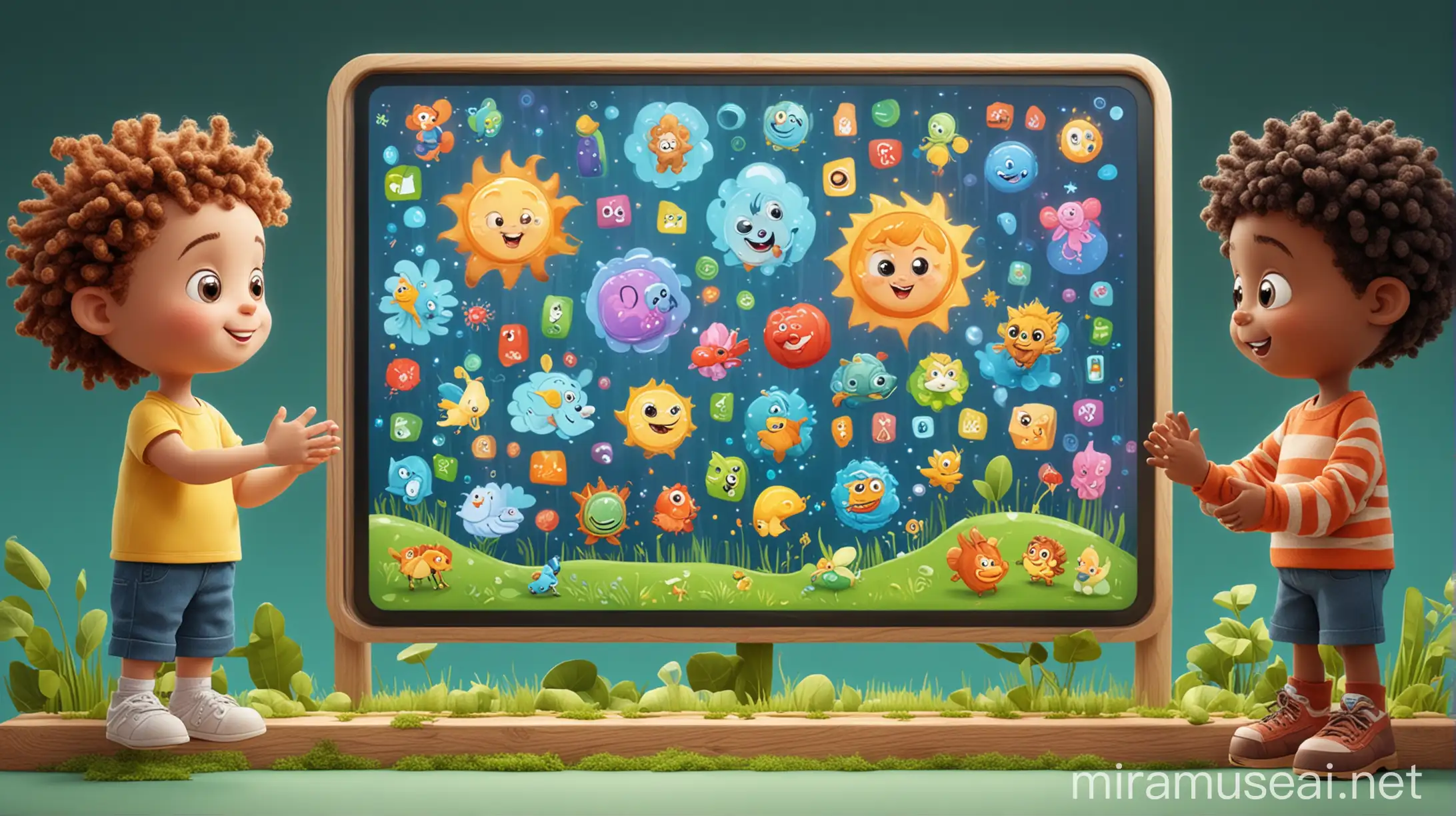 Яркая, мультяшная иллюстрация интерактивной сенсорной панели с приложением экоан для детей 3-5 лет. На экране милые персонажи играют в образовательные игры