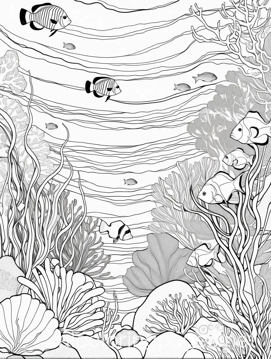 creat me coloring page ofA diverse coral reef with different types of corals, starfish, sea anemones, and a clownfish family. it should be simple its for kids on the age of 7 years old, Coloring Page, black and white, line art, white background, Simplicity, Ample White Space. The background of the coloring page is plain white to make it easy for young children to color within the lines. The outlines of all the subjects are easy to distinguish, making it simple for kids to color without too much difficulty