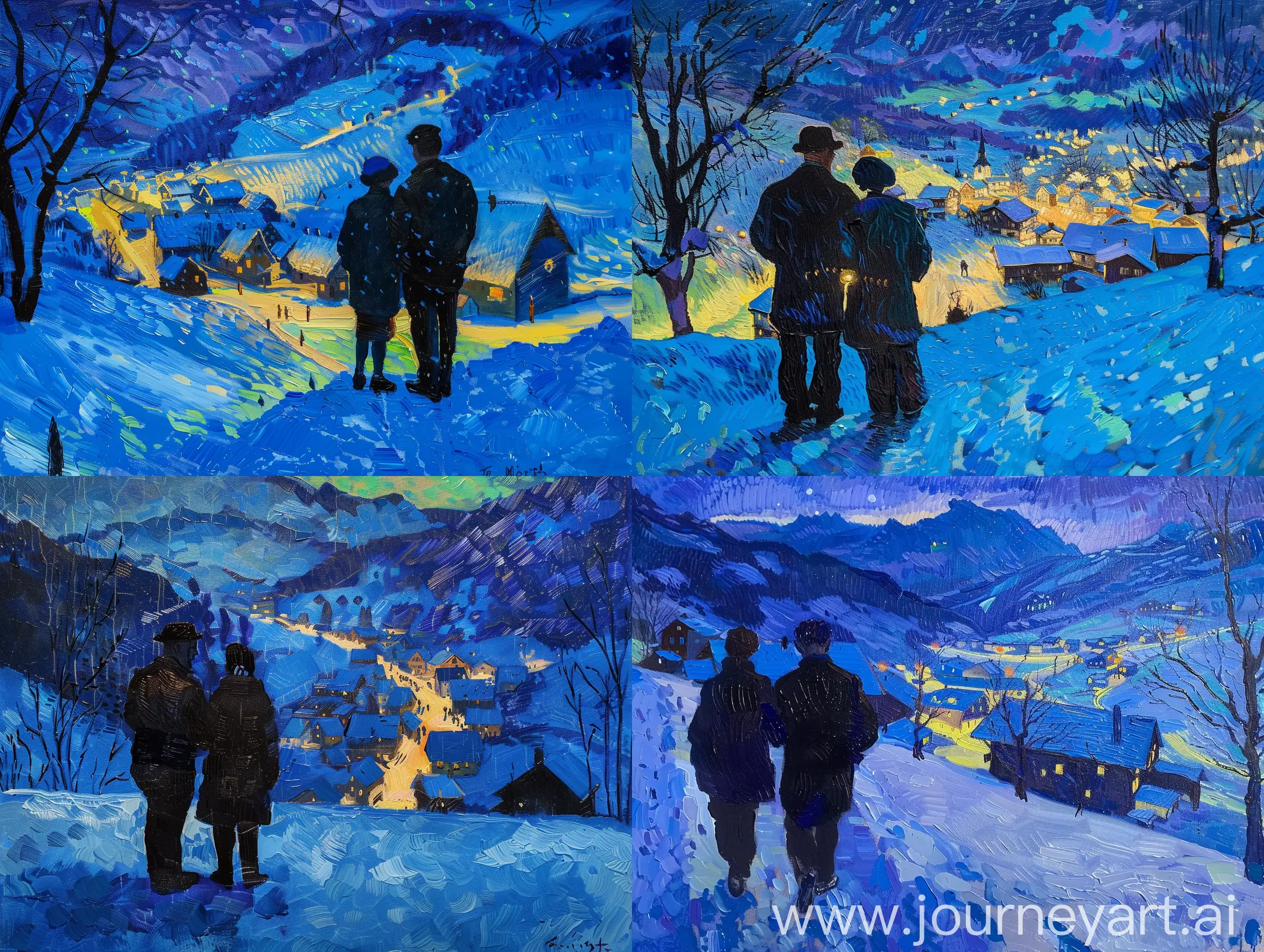 oil painting features a post-impressionist style reminiscent of Vincent van Gogh, with bold brushstrokes and vibrant colors. It portrays two silhouetted figures, in a snowy landscape at night, overlooking a village illuminated by warm yellow lights. The contrast between the cold blue tones of the snow and the cozy warmth of the village creates a captivating scene that evokes a sense of stillness and the beauty of winter nights.