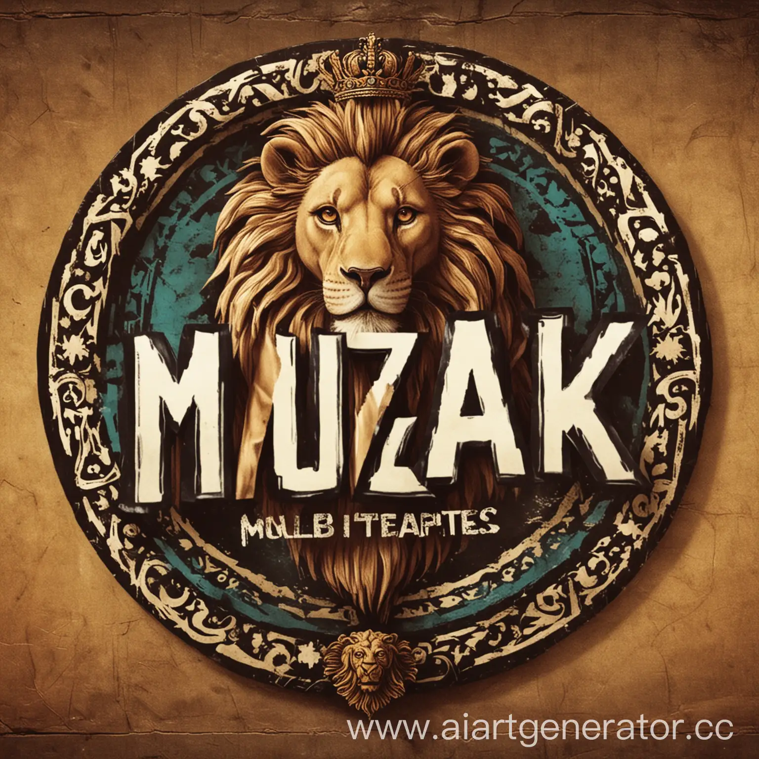 Logo with name, Muzak and lion  in the background