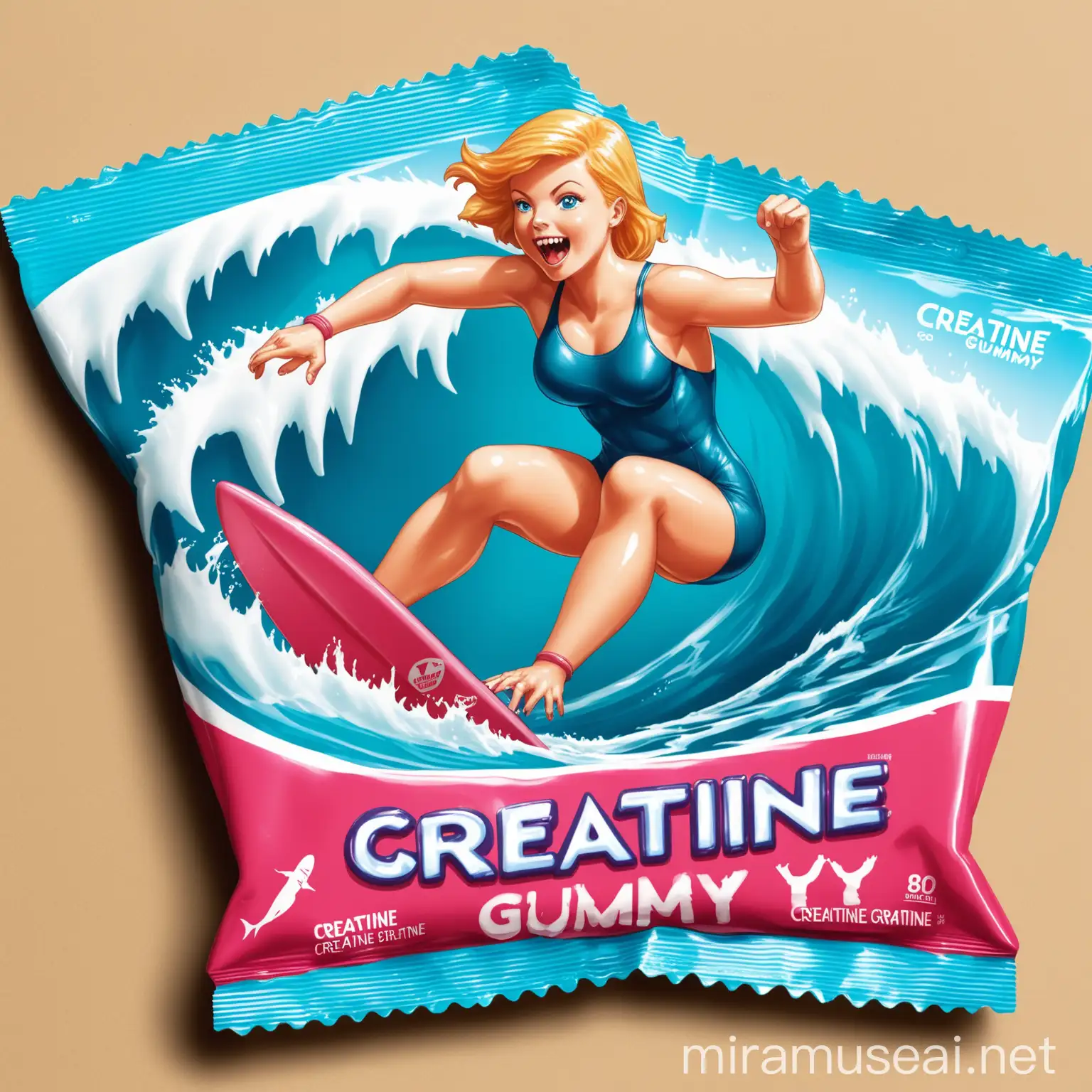 packaging for a creatine gummy showing a woman surfing on a shark