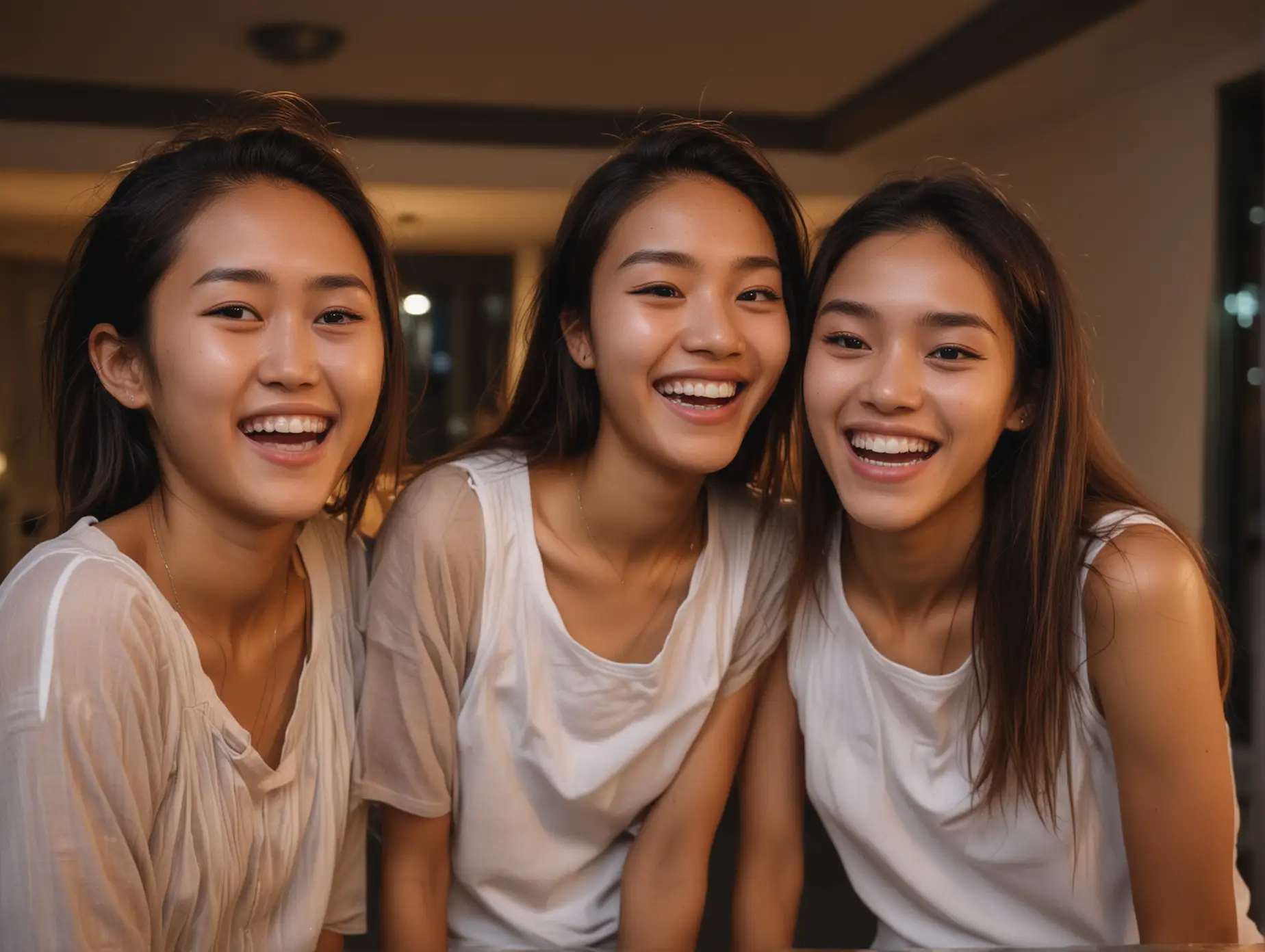 candid shot of faces of three beautiful skinny angelic college runners from indonesia at a party in a penthouse at dusk laughing hysterically together and overflowing with joy