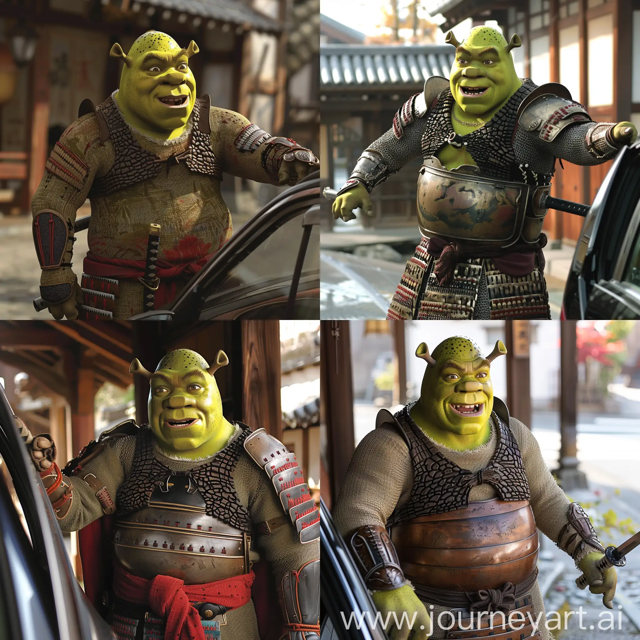 Shrek opening a car window while in samurai armor