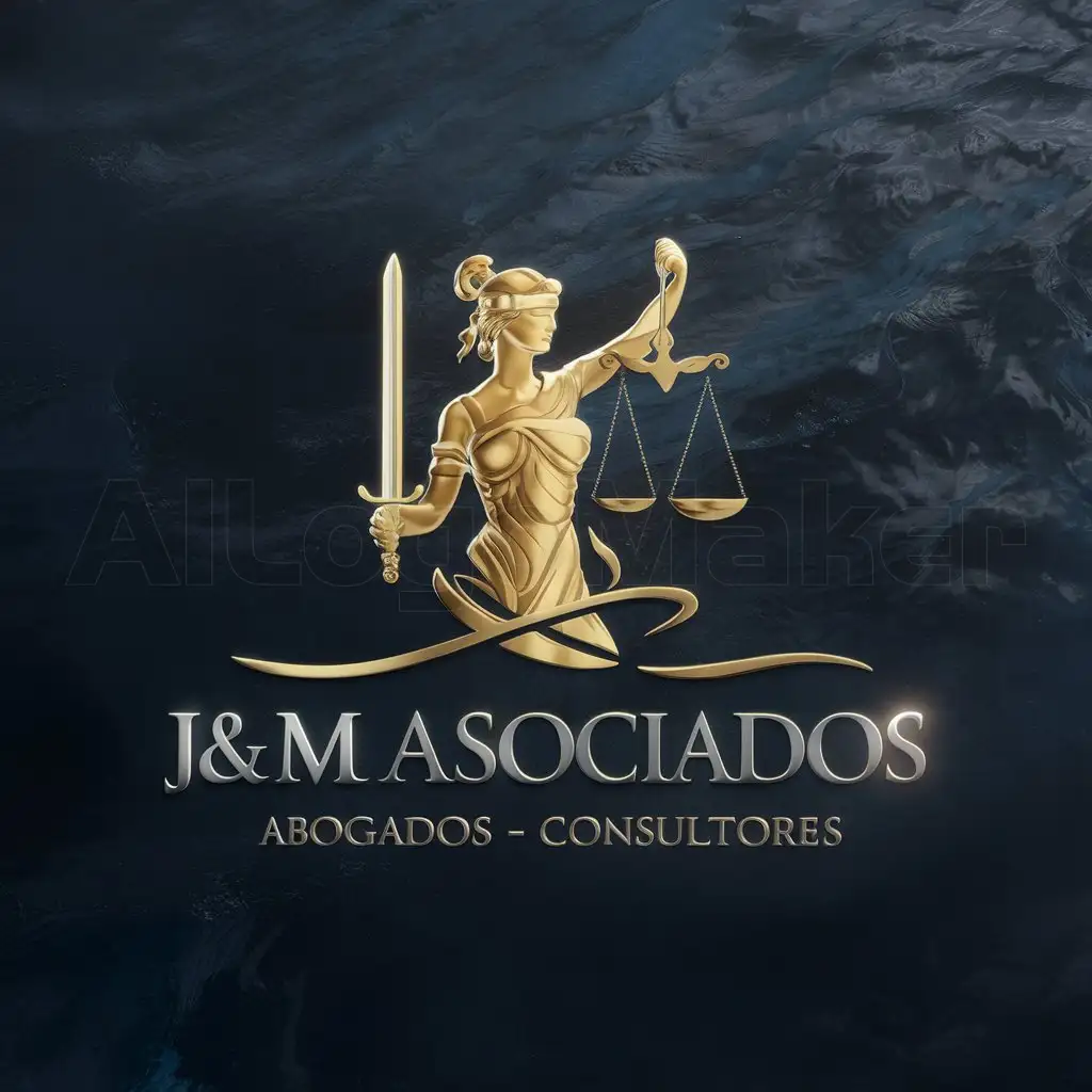a logo design,with the text "J&M ASOCIADOS ABOGADOS - CONSULTORES", main symbol:Goddess temis in gold, blue marine background and silver letters,complex,be used in Legal industry,clear background