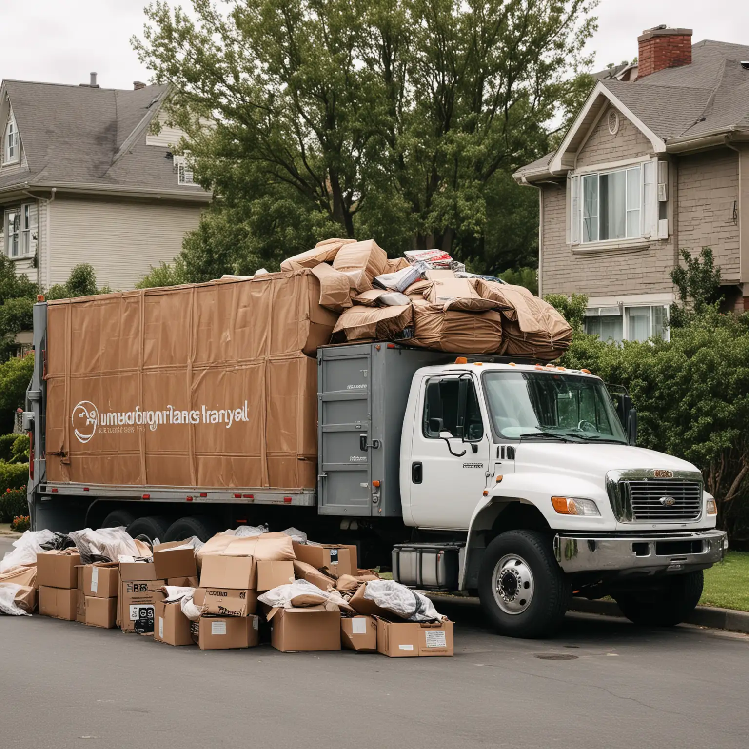 Create a high-quality photograph depicting a fully loaded junk removal truck from Route Runners Junk Removal. The image should capture the truck parked in front of a residential home or an office, showcasing a pile of assorted junk—such as furniture, electronics, and boxes—neatly loaded and ready for disposal. The scene should convey a sense of completion and relief, illustrating the effective clearing of clutter from the property. Use a DSLR camera with a 50mm lens to capture the entire truck along with some of the environment, ensuring the focus is on the loaded truck while also including a background that suggests the setting of a home or business.