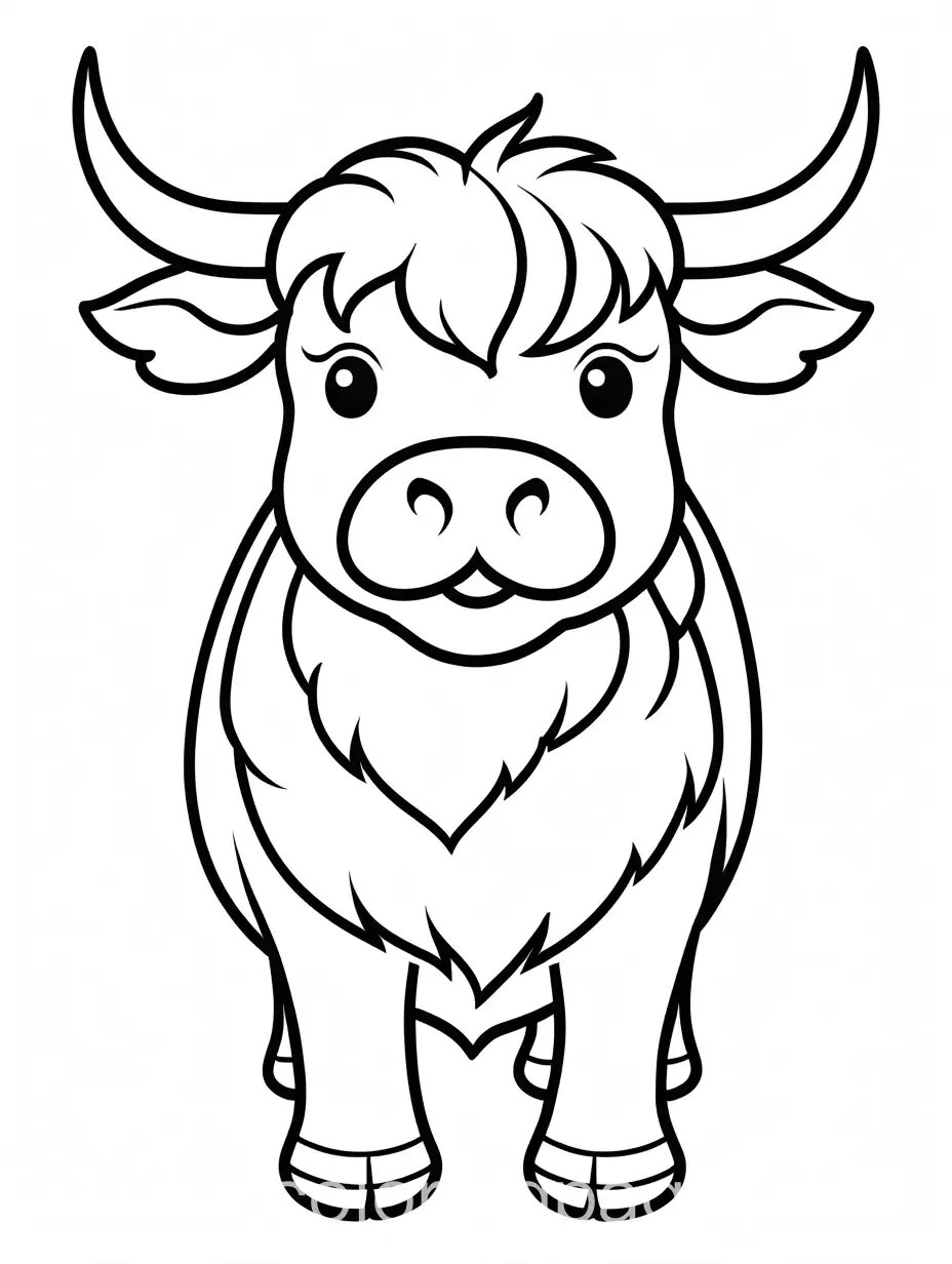 cute highland cow, for infant, thick lines, white space, no shading, , Coloring Page, black and white, line art, white background, Simplicity, Ample White Space. The background of the coloring page is plain white to make it easy for young children to color within the lines. The outlines of all the subjects are easy to distinguish, making it simple for kids to color without too much difficulty