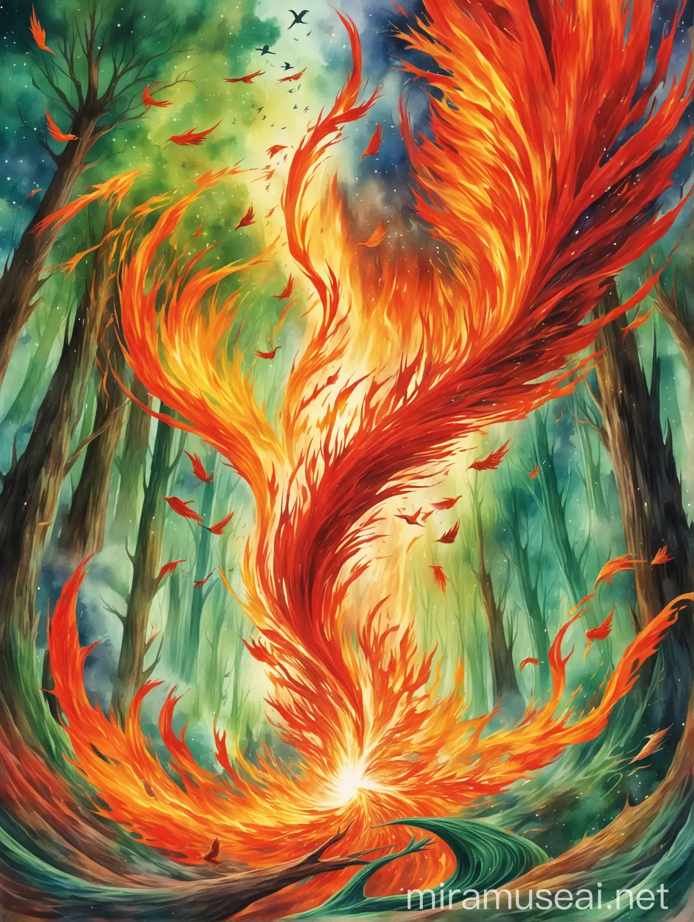 Dynamic Whirlwind of Fire and Wind in Surreal Forest Scene