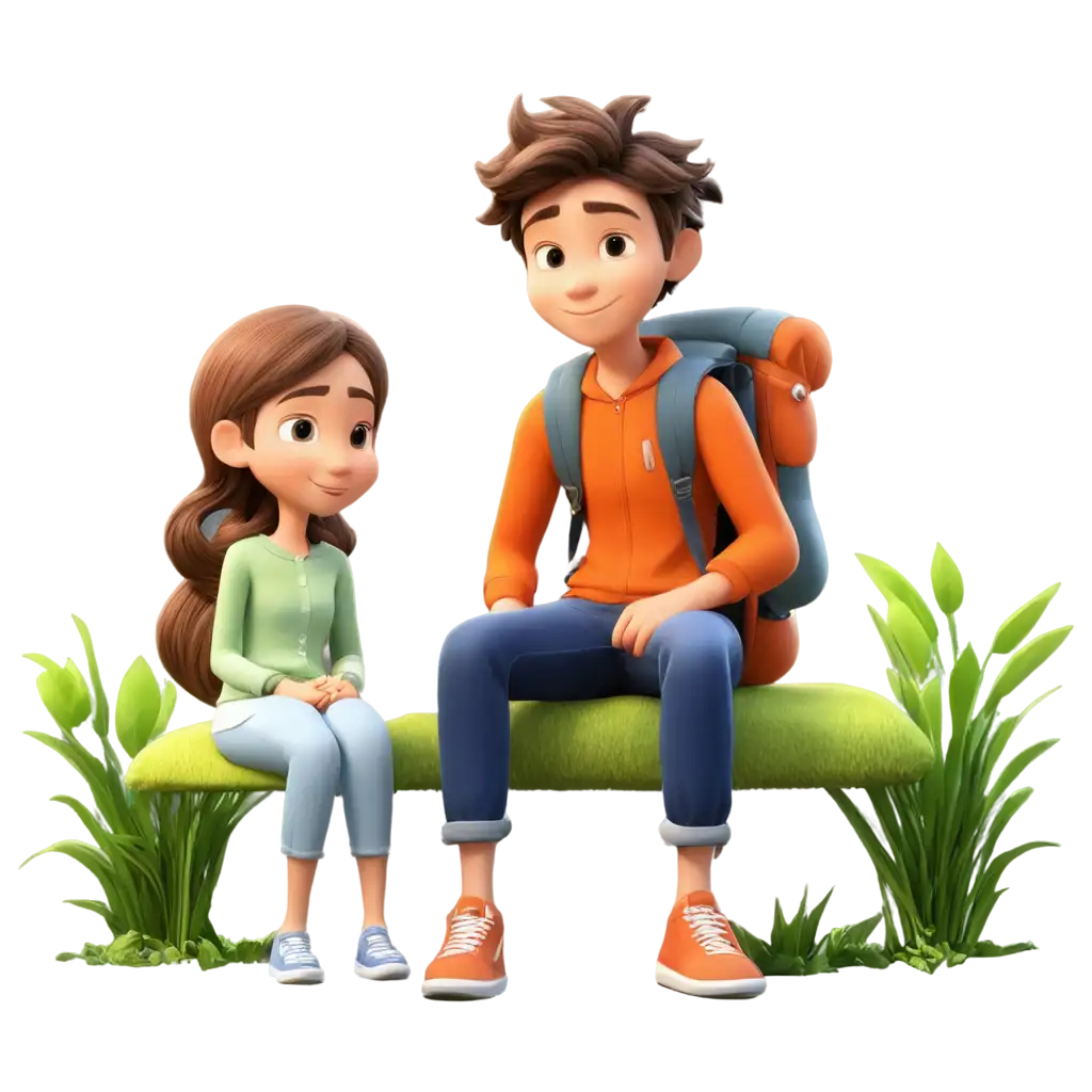 Adorable-Cartoon-Boy-and-Girl-Sitting-in-a-Green-Meadow-HighQuality-PNG-Image