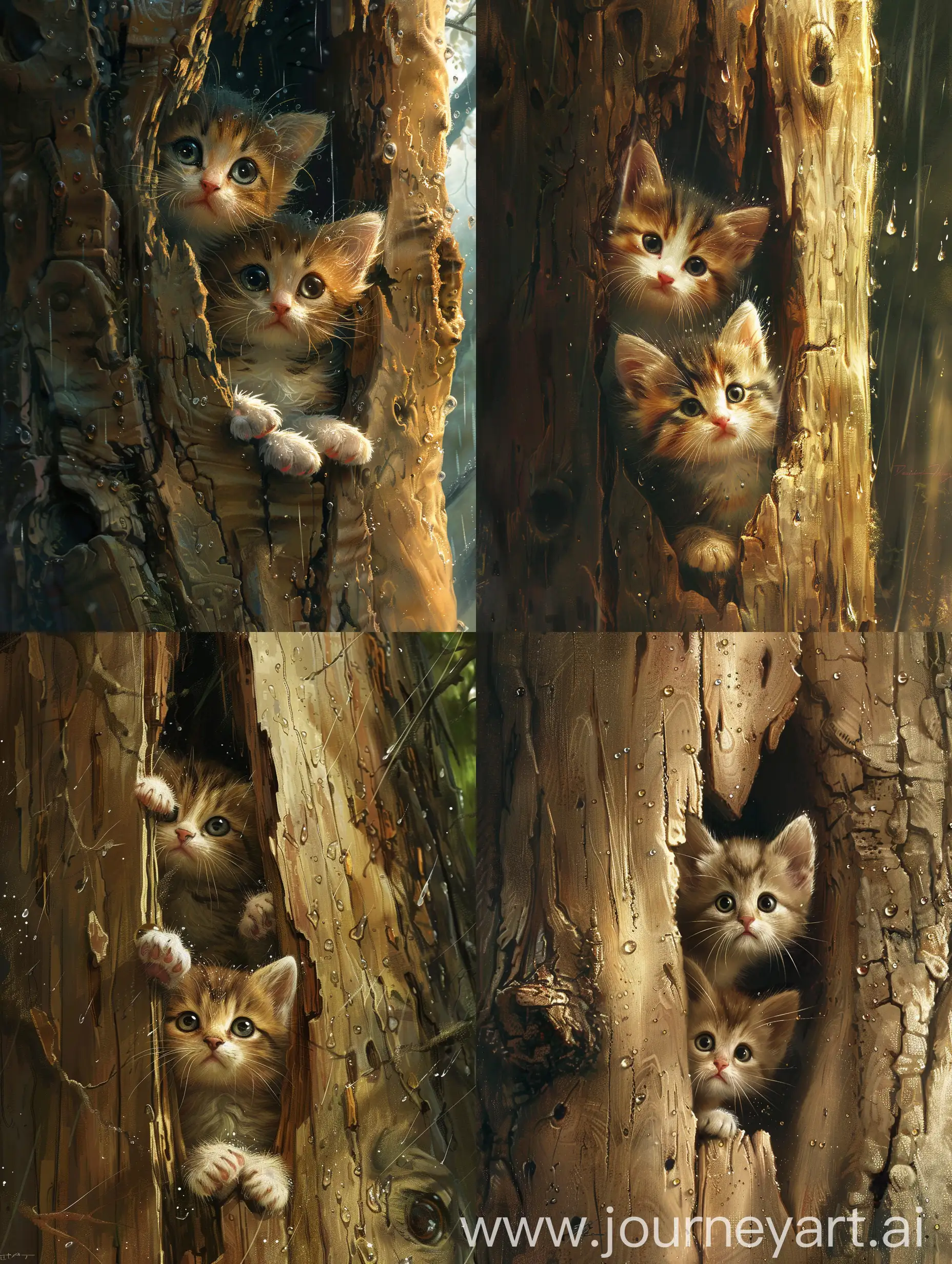 Adorable-Kittens-Exploring-a-Wooden-Tree-Trunk-in-Rainy-Weather