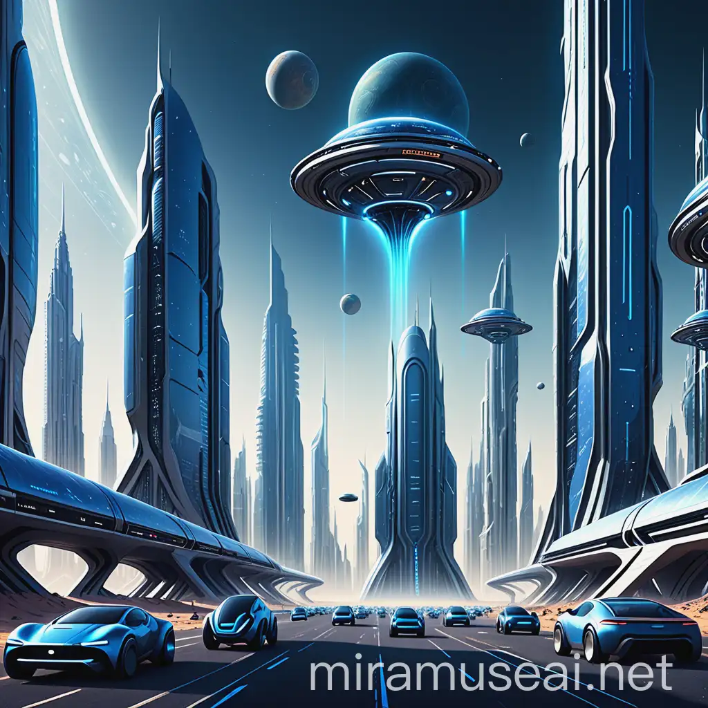 futuro futurista onde o mundo é coberto de prédios altos, com várias máquinas que nos levam  a outros planetas habitáveis. quase não há vegetação presente e as tonalidades são de azul. os carros voam