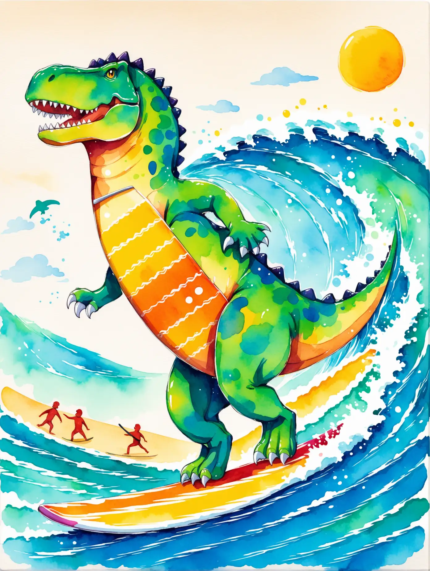 Colorful TRex Dinosaur with Surfboard in Childish Art Style